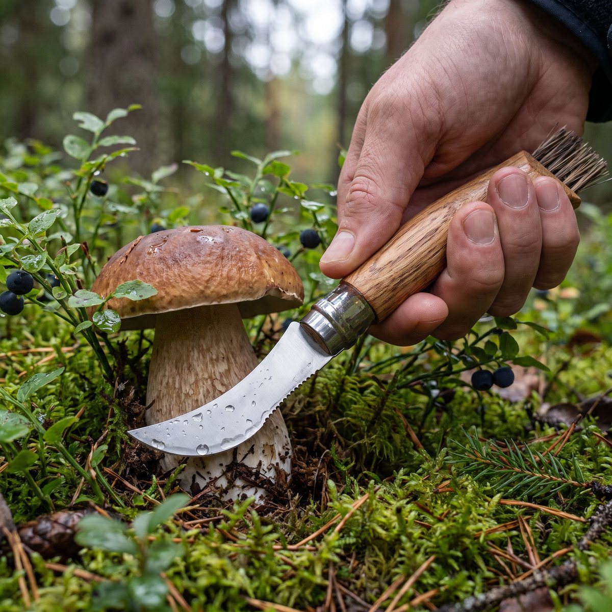 Opinel No. 8 svampkniv med ekskaft och böjt blad vid foten av en karl johan i mossa och blåbärsris i svensk granskog
