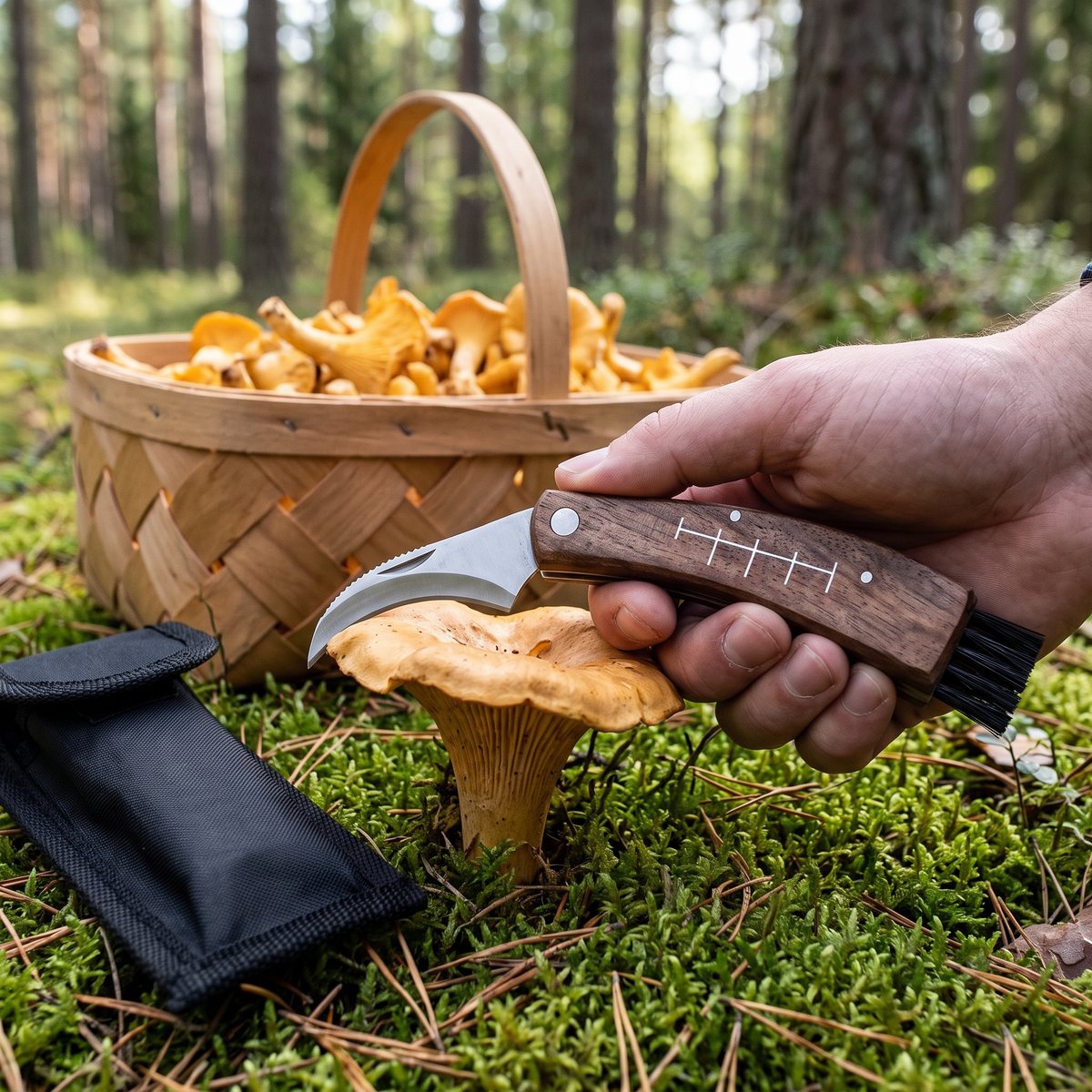 Sagaform svampkniv med linjal på träskaftet hålls intill en kantarell i mossan i svensk tallskog, fodralet och en spånkorg bredvid