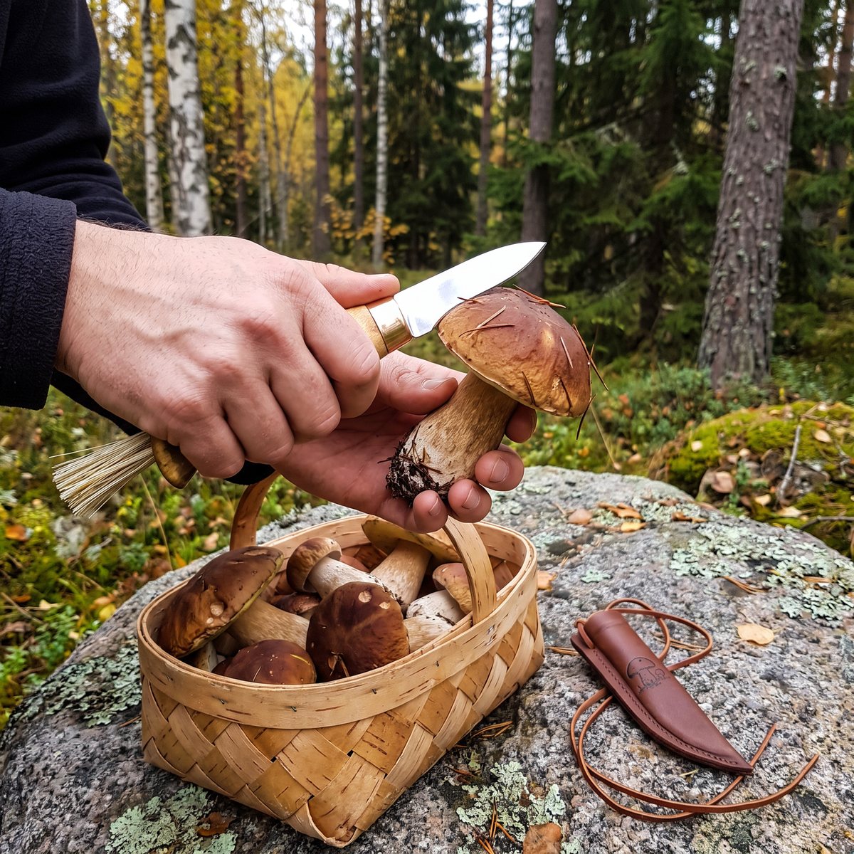 Wood Jewel Svampkniven Classic med björkskaft rensar en karl johan över en näverkorg på ett granitblock i svensk skog, läderslidan bredvid