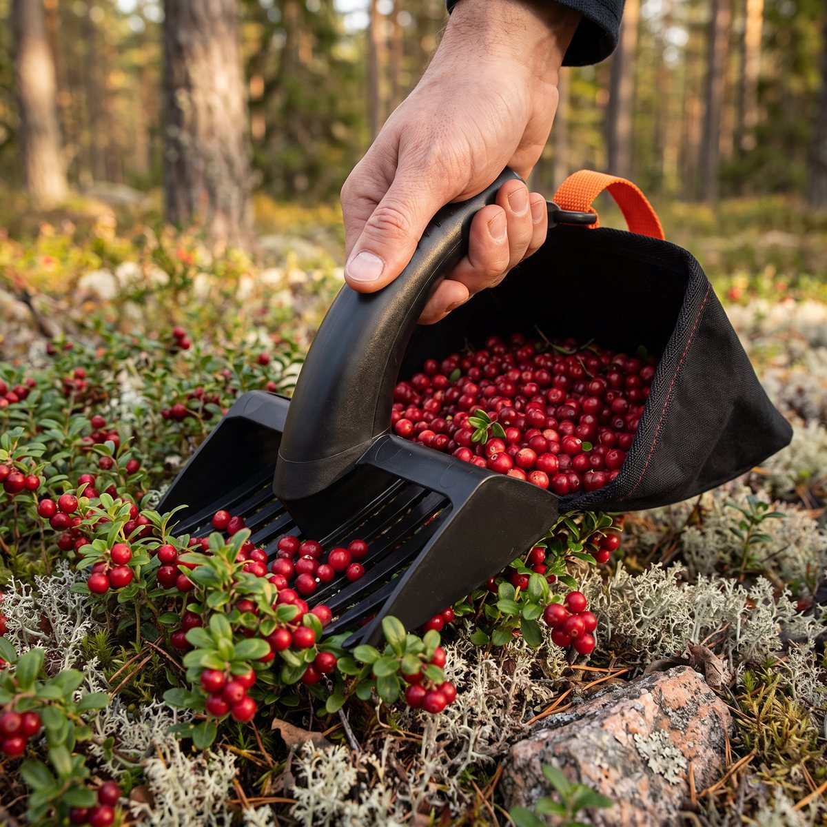 Svart hopfällbar bärplockare med tygpåse som plockar lingon i svensk tallskog