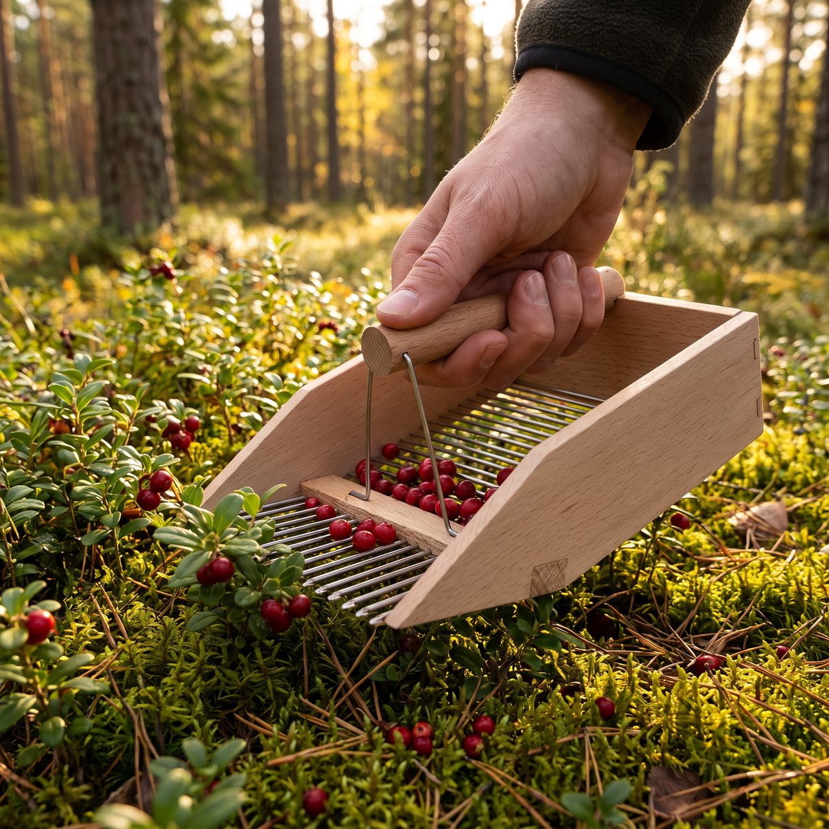 Bärplockare i bokträ med galler av metall som plockar lingon i svensk skog