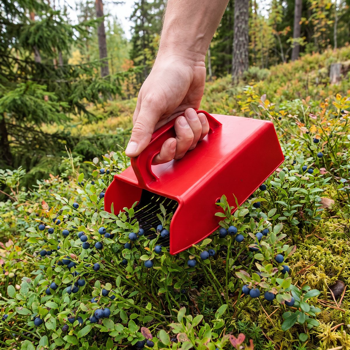 Röd bärplockare i plast som kammar genom blåbärsris i svensk granskog