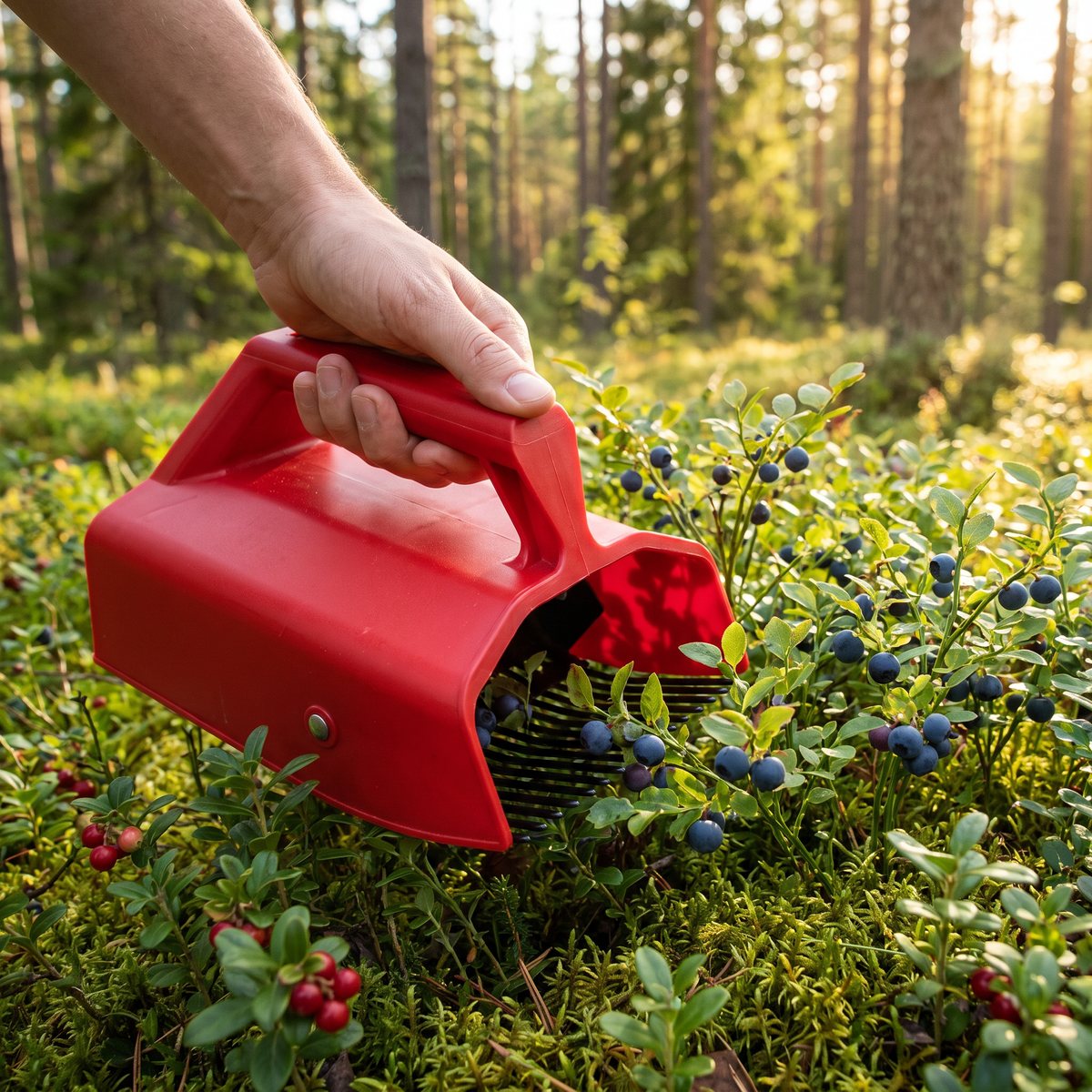 Röd bärplockare i plast med stålgaller som kammar genom blåbärsris i svensk tallskog