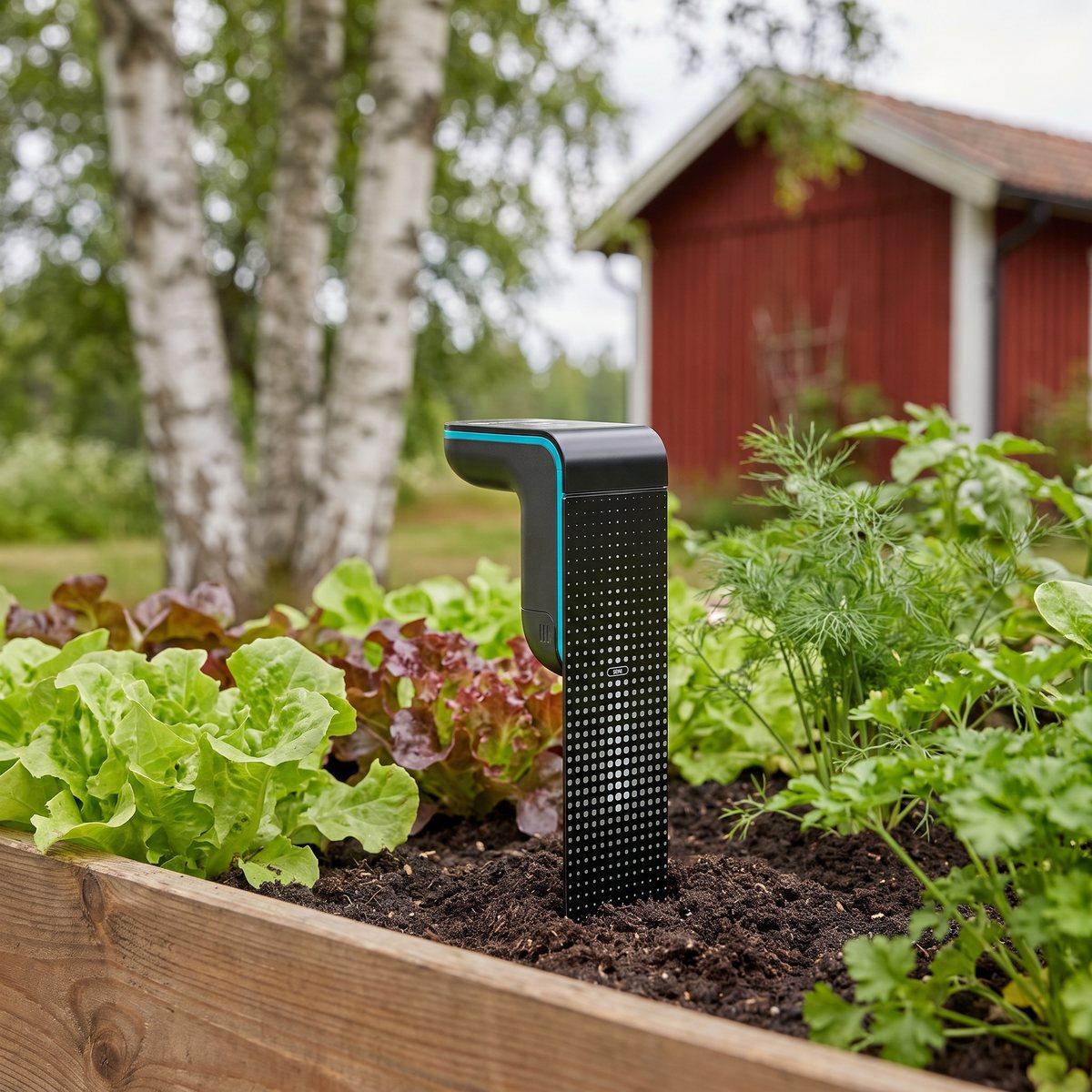 Gardena Smart Sensor nedstucken i ett odlingsbänk med sallad och dill i en svensk trädgård