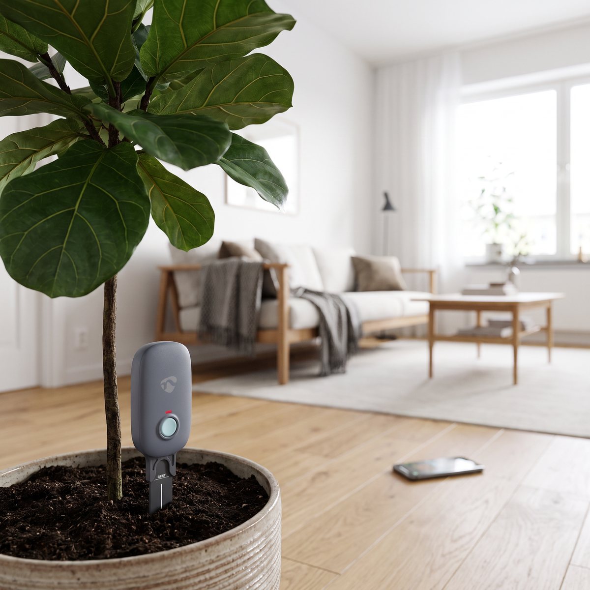 Nedis SmartLife jordfuktsmätare i en kruka med fikonlöv i ett ljust svenskt vardagsrum