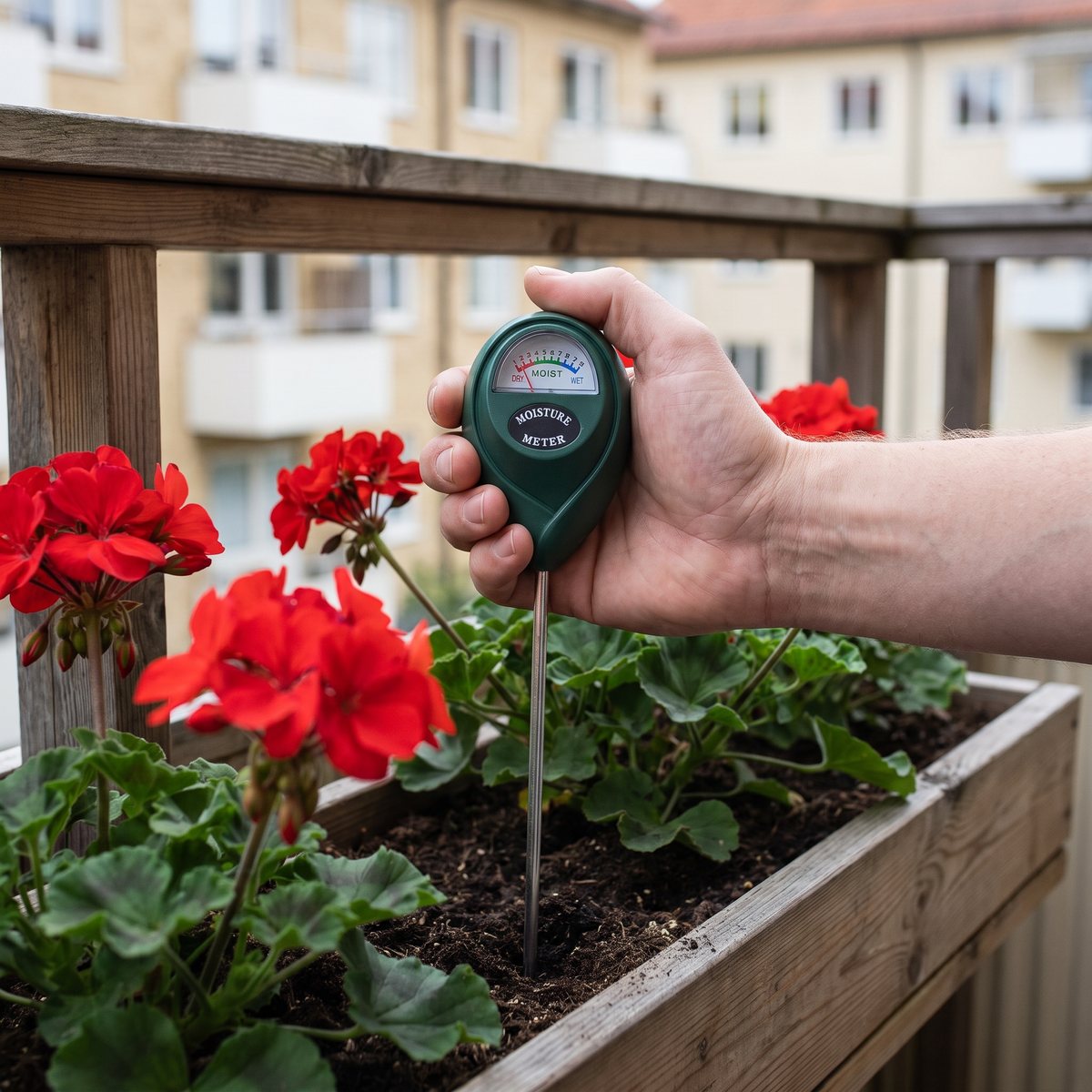Hand som håller Nelson Gardens analoga fuktmätare med sonden i en balkonglåda med pelargoner på en svensk balkong