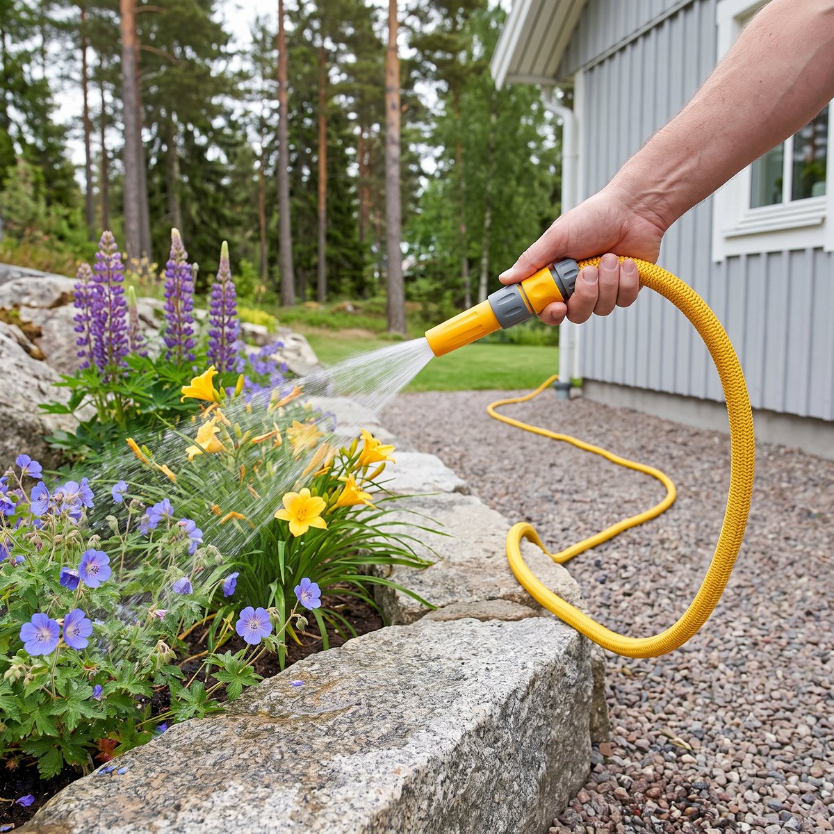Gul Hozelock Superhoze-slang med munstycke som vattnar en rabatt vid granitstenar och grusgång utanför ett grått trähus