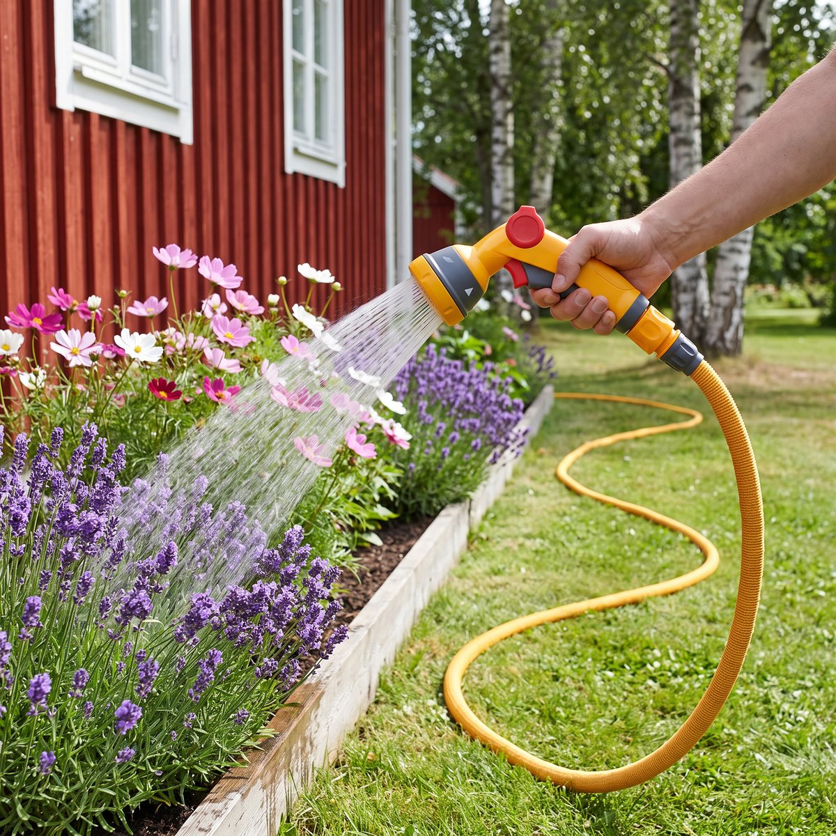 Gul vävd Hozelock Wonderhoze-slang med Multispray-pistol som vattnar lavendel och rosenskära i en rabatt framför ett rött trähus