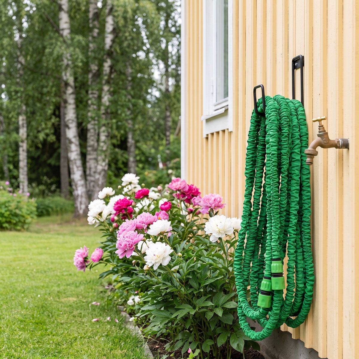 Grön Magic Hose-slang som hänger ihopdragen på en krok på en gul trävägg bredvid en utekran och pioner