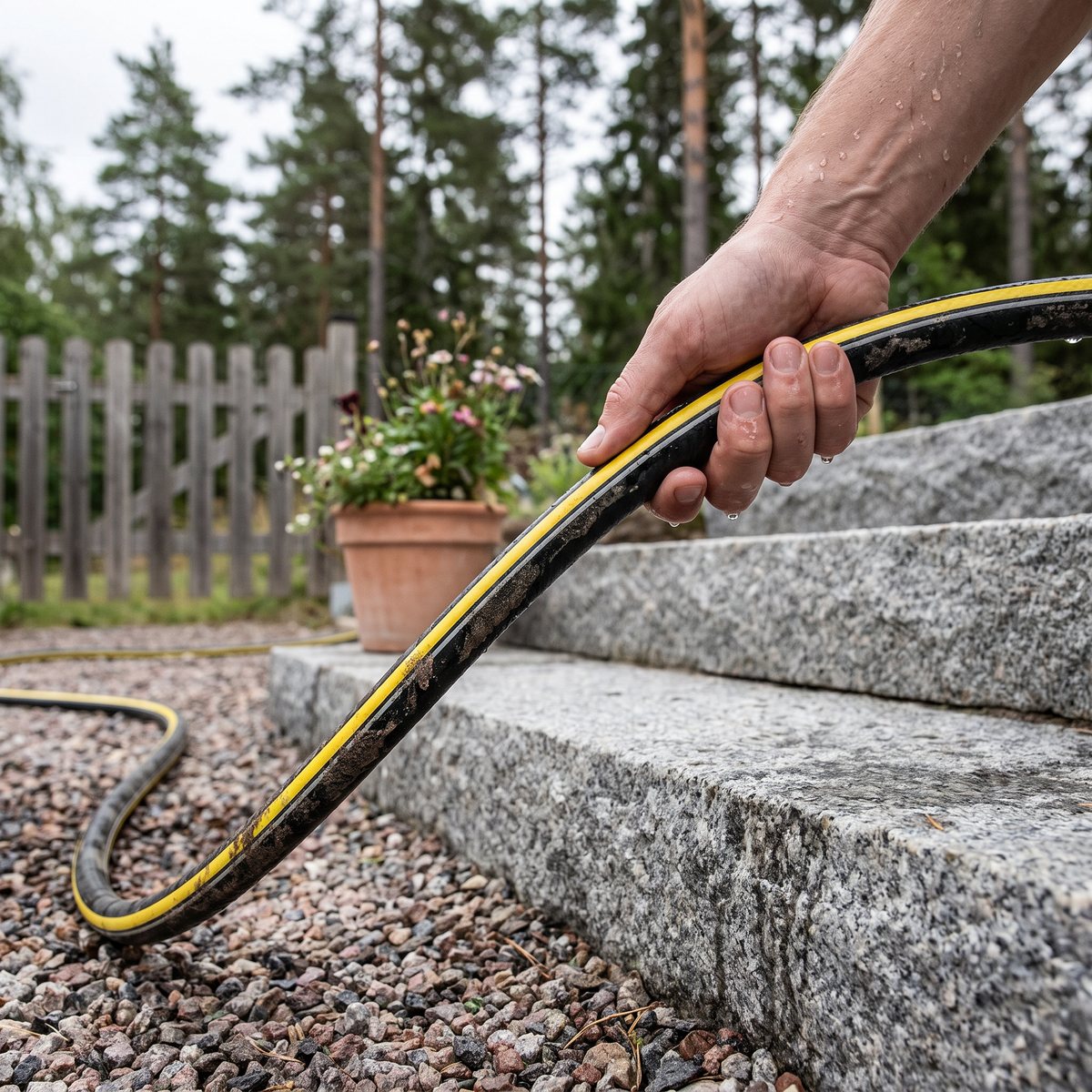 Svart och gul Ironside 500326-vattenslang som dras över en grusgång och upp för en granittrappa i en svensk trädgård med tallar
