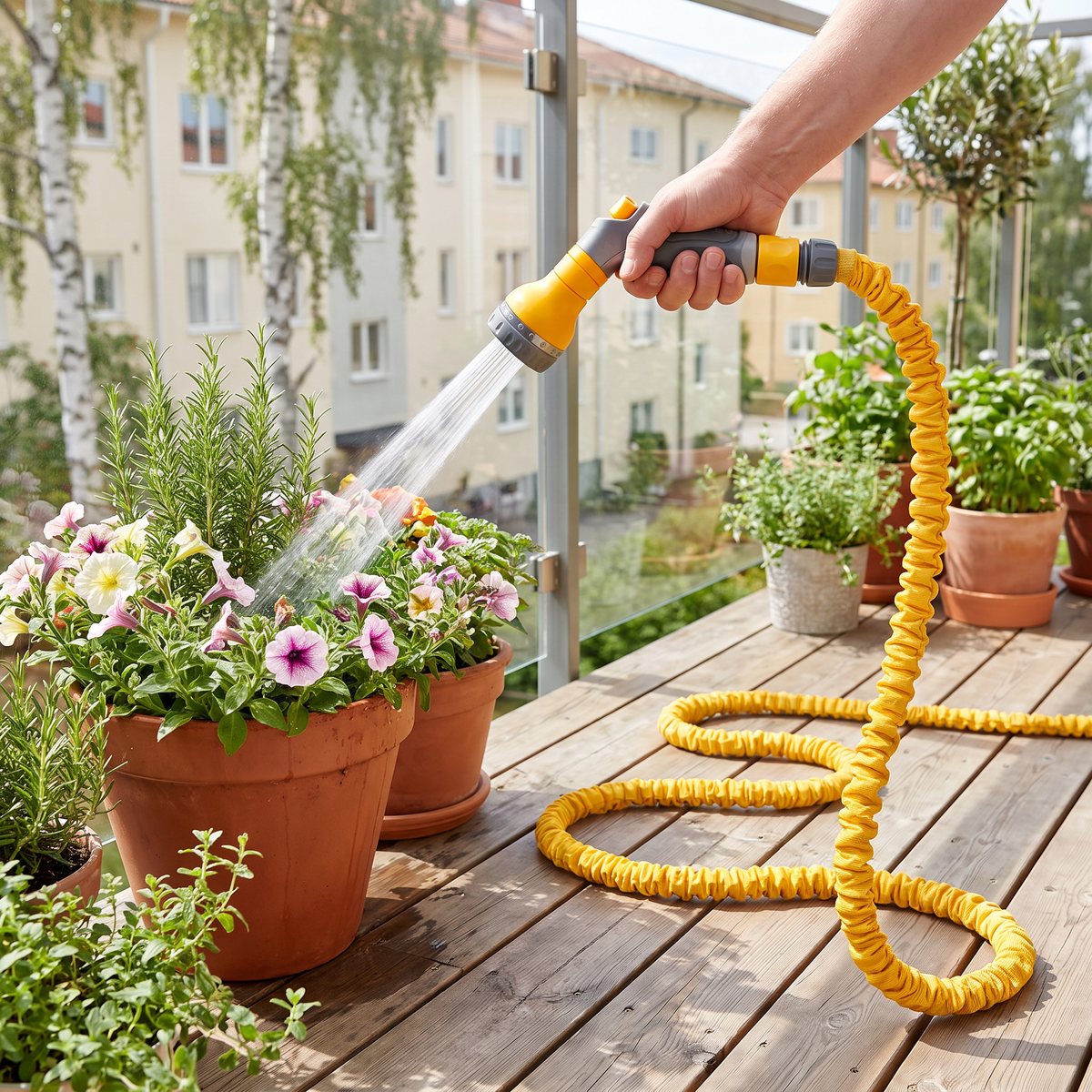 Gul expanderande Hozelock Superhoze-slang med munstycke som vattnar blomkrukor på en balkong i ett svenskt flerbostadsområde