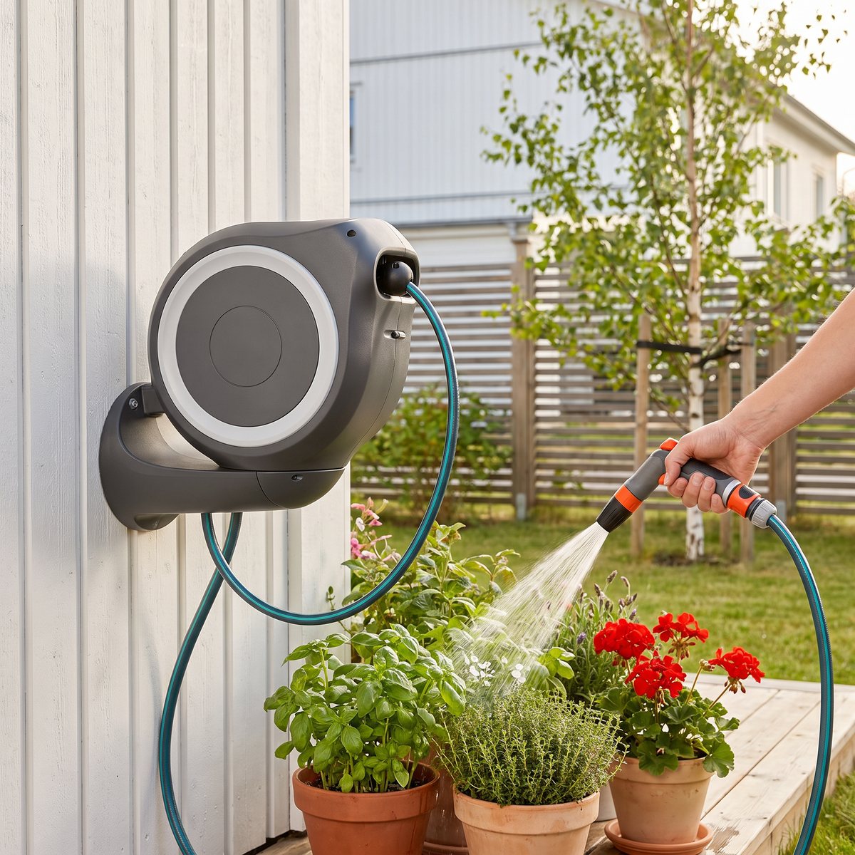 Gardena RollUp S på en vit radhusvägg, en hand vattnar kryddor och pelargoner i krukor på altanen med sprutan