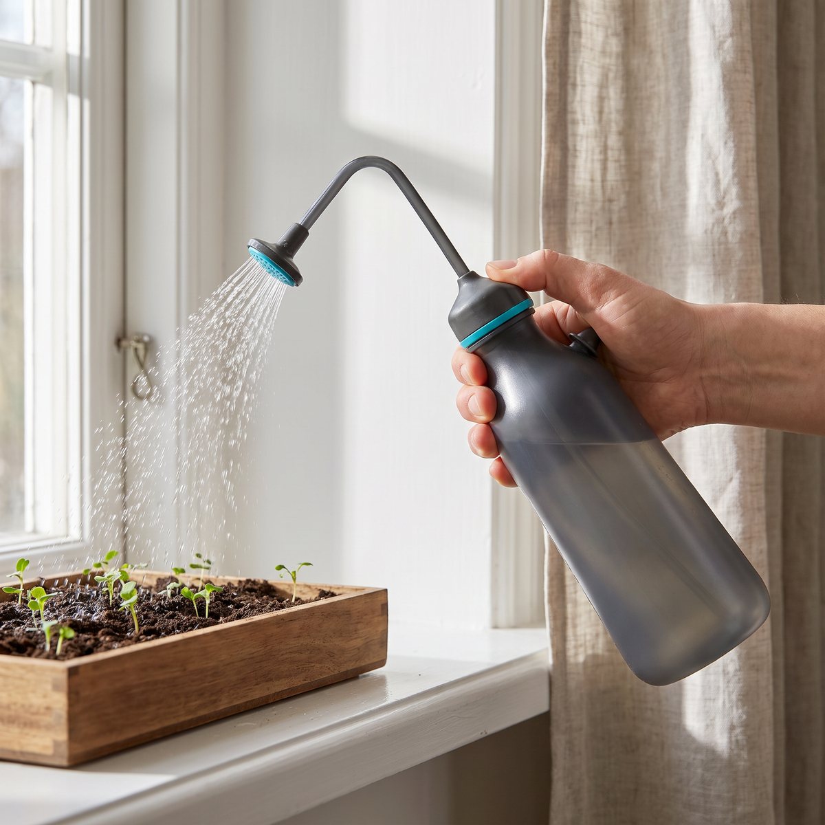 Gardena Mjuksprayare som duschar mjuka droppar över groddplantor i en så-låda i ett fönster