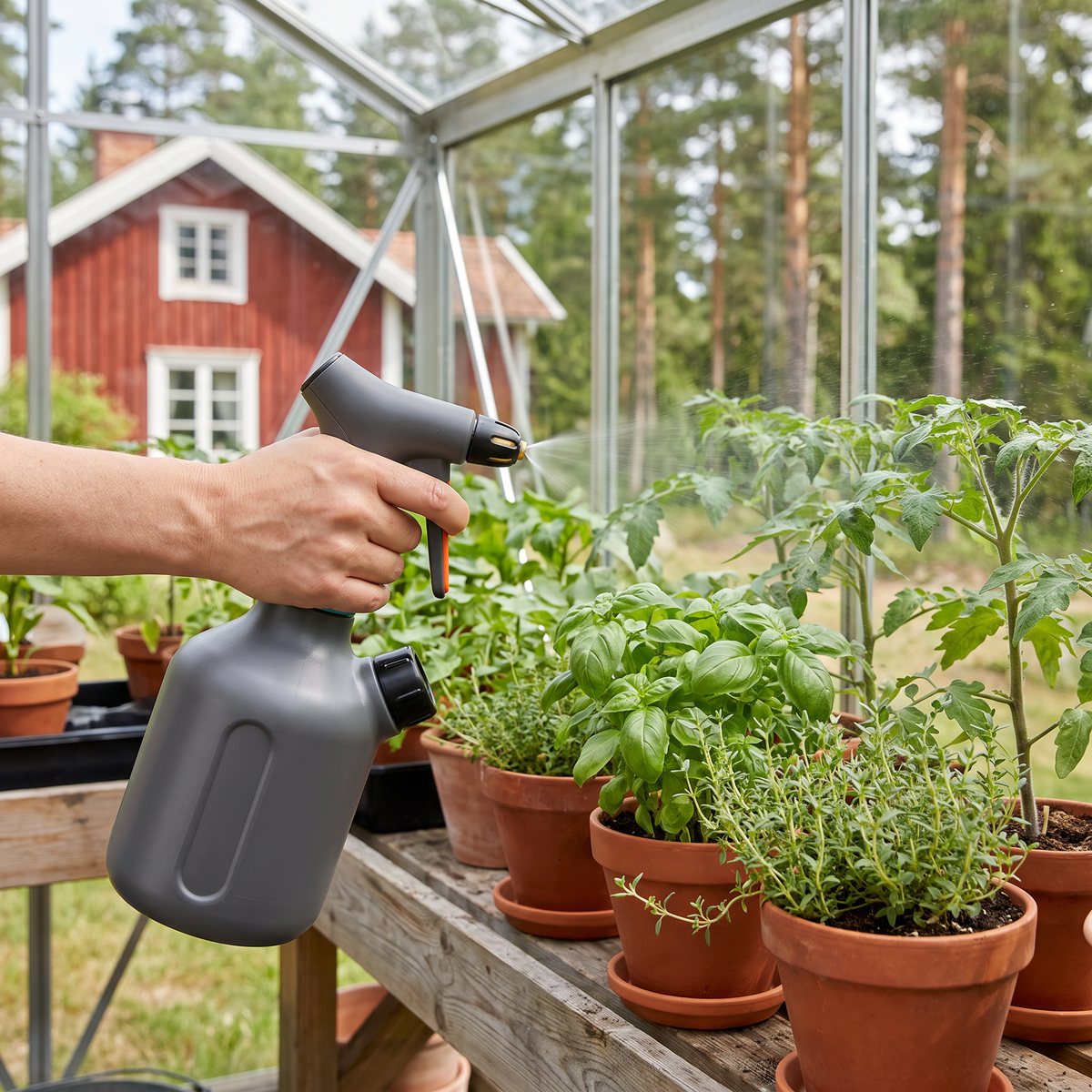 Gardena Pumpspruta 1 l som sprayar dimma över örter och tomatplantor i ett växthus vid en röd stuga