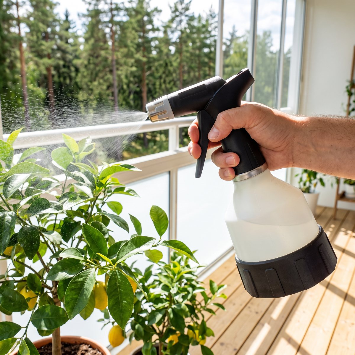 Gloria Pro 05 i en hand som sprayar vid ett citronträd på en inglasad balkong