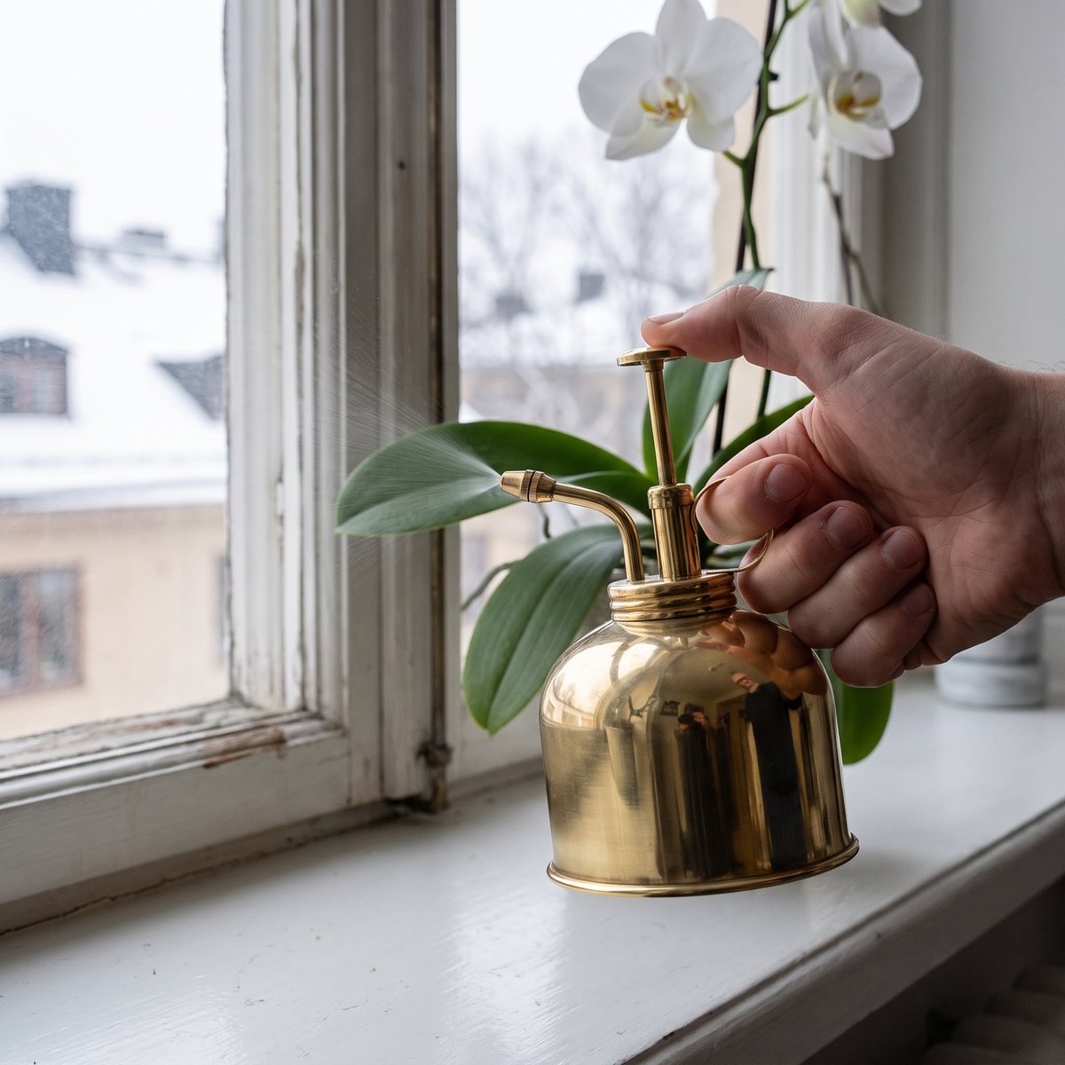 Kikkerland Plant Mister i mässing som sprayar en orkidé på en vit fönsterbräda en vinterdag