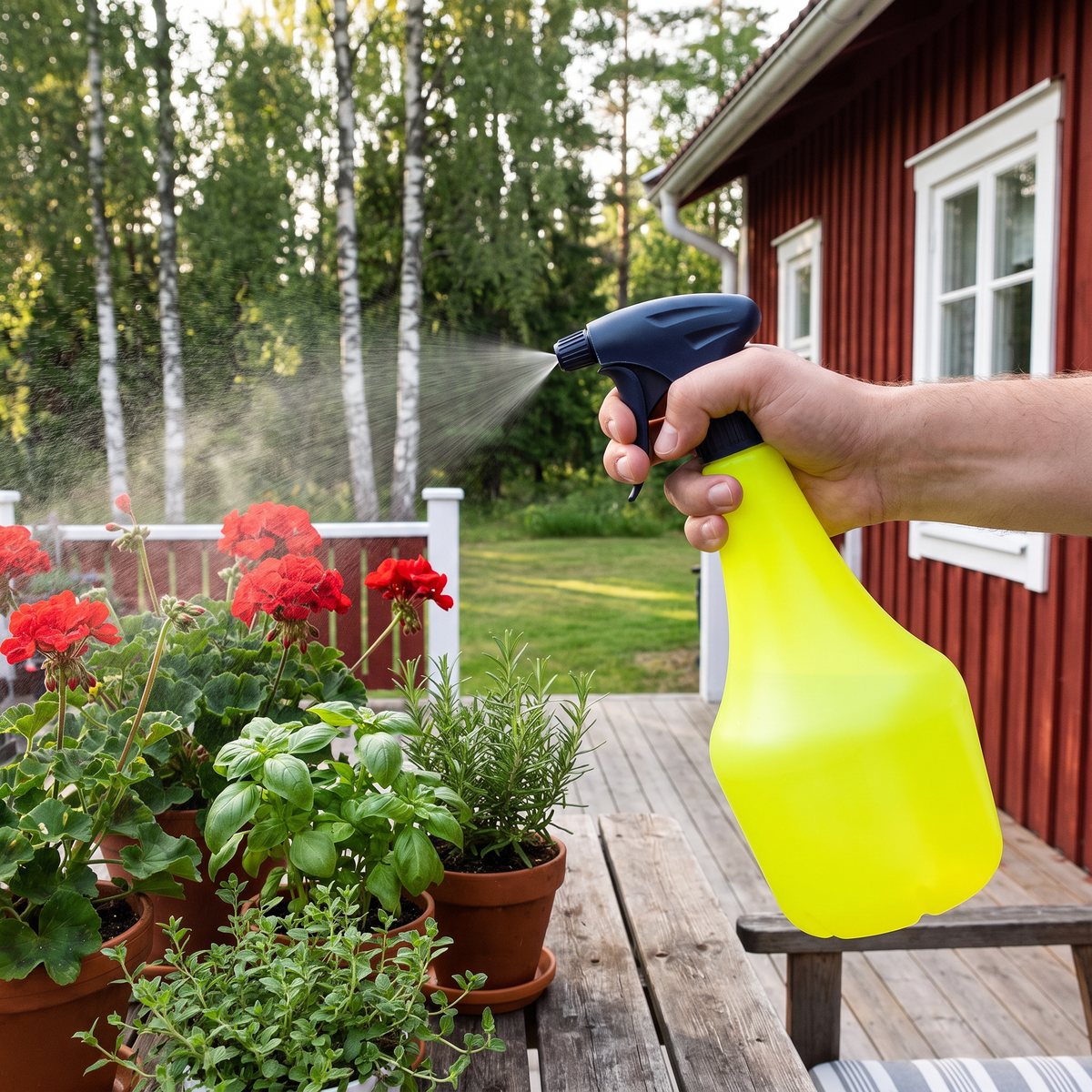 Marolex Mini 1000 som sprayar över pelargoner och örter på altanen vid en röd stuga