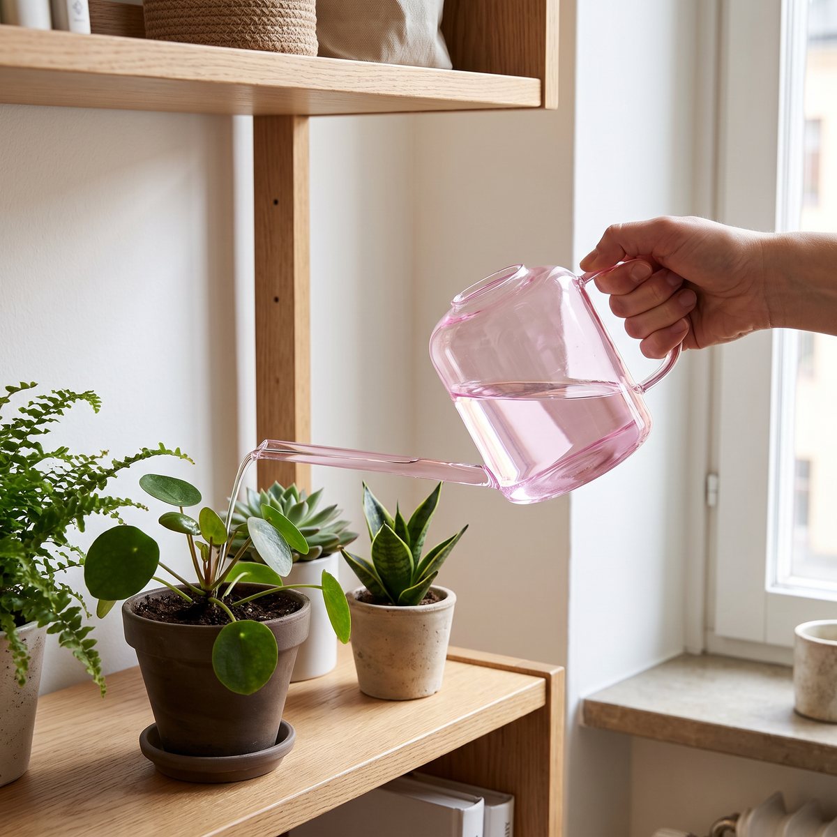 Rosa vattenkanna i glas från Muurla som vattnar små krukväxter på en bokhylla i ljust trä vid ett fönster