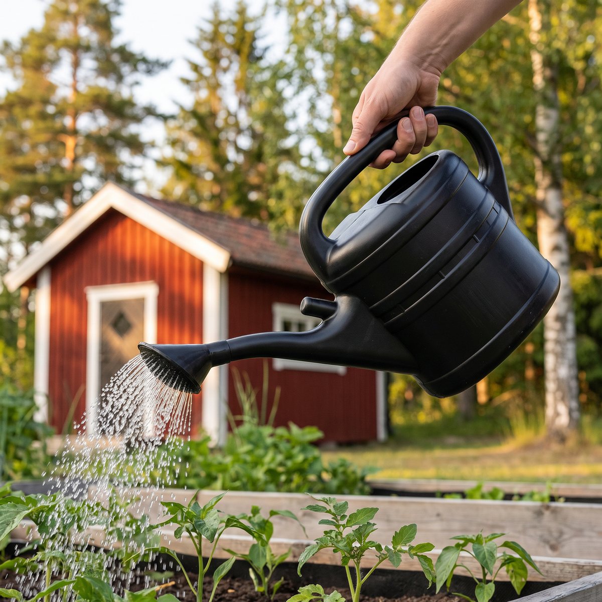 Svart Nyby Bruk-vattenkanna med stril som vattnar plantor i en pallkrage framför en röd stuga med vita knutar och tallar