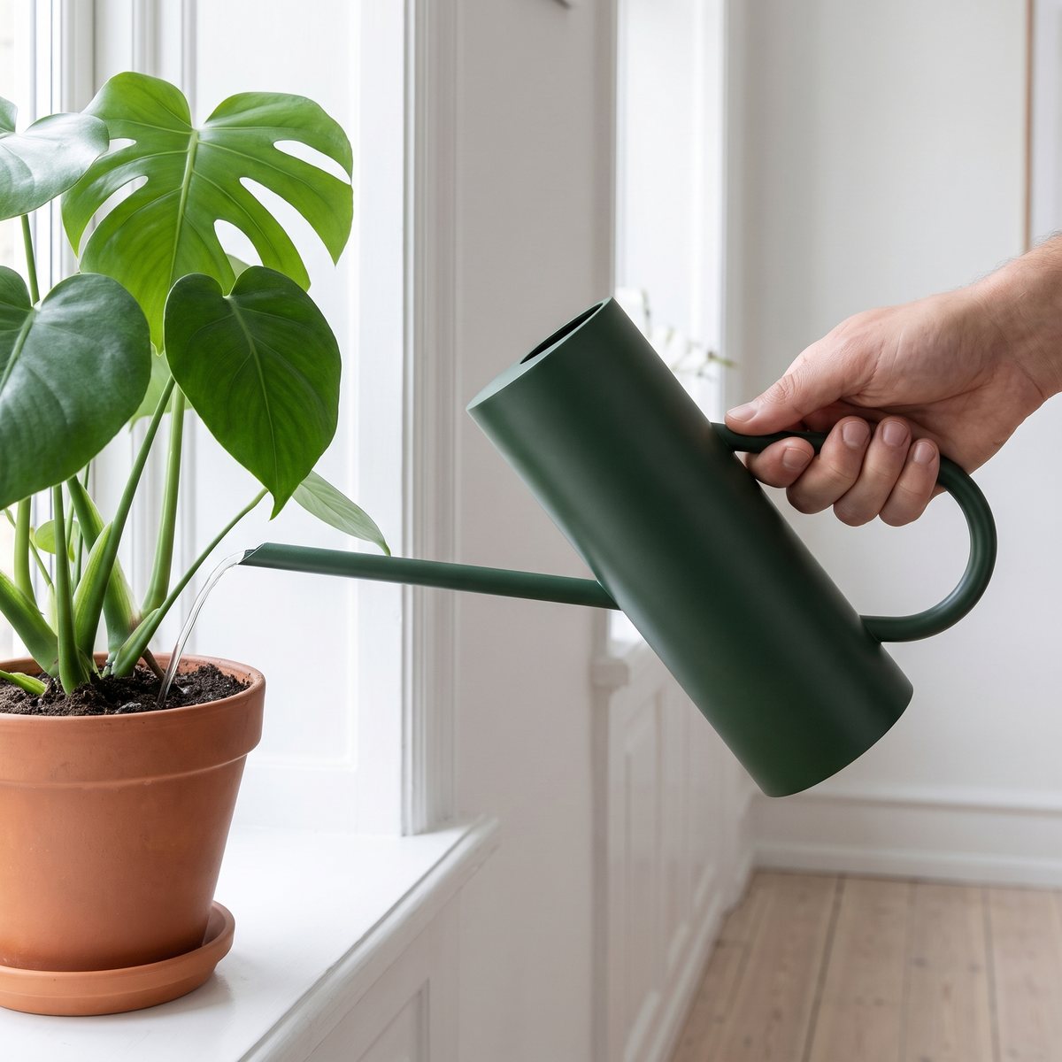 Mörkgrön cylinderformad Stelton Bloom-vattenkanna vars långa smala pip vattnar en monstera på en vit fönsterbänk i en ljus svensk lägenhet
