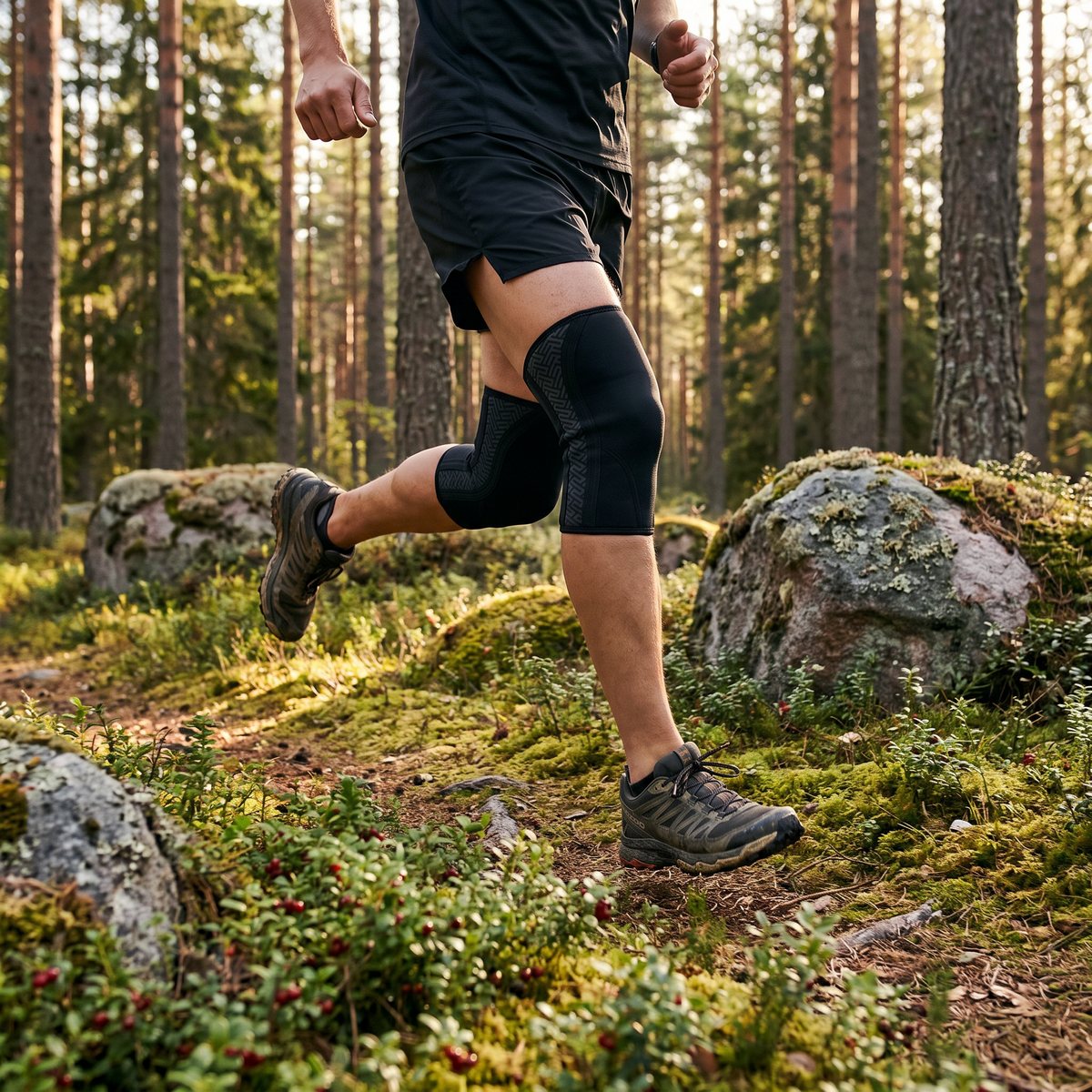 Ett par svarta kompressionshylsor på båda knäna hos en löpare på en stig i svensk tallskog