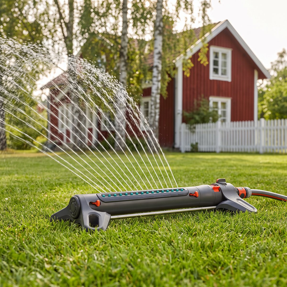 Gardena AquaZoom M oscillerande vattenspridare på en gräsmatta i en svensk trädgård med rött trähus och björkar