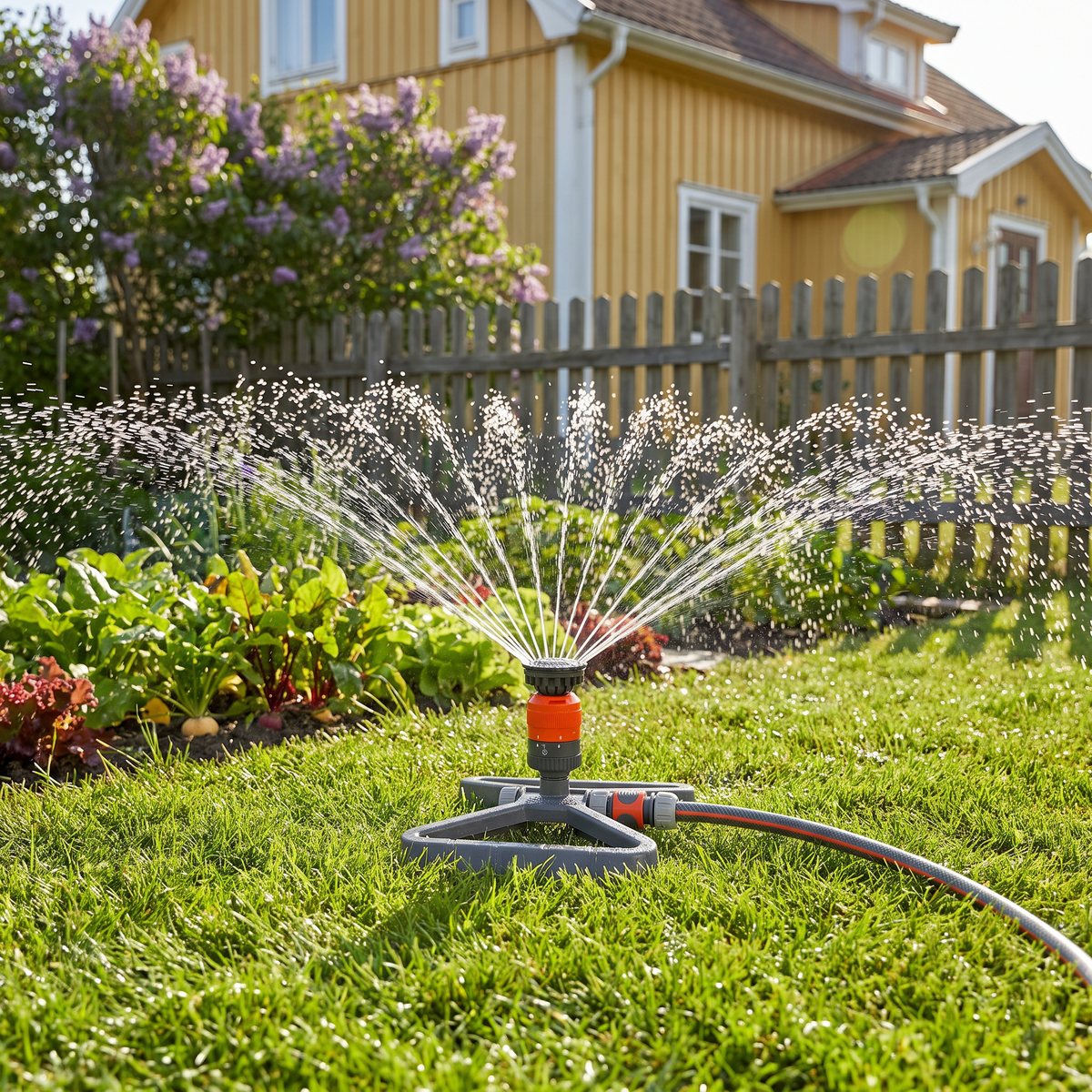 Gardena Comfort Cirkelspridare Vario på gräsmatta intill ett grönsaksland i en svensk trädgård
