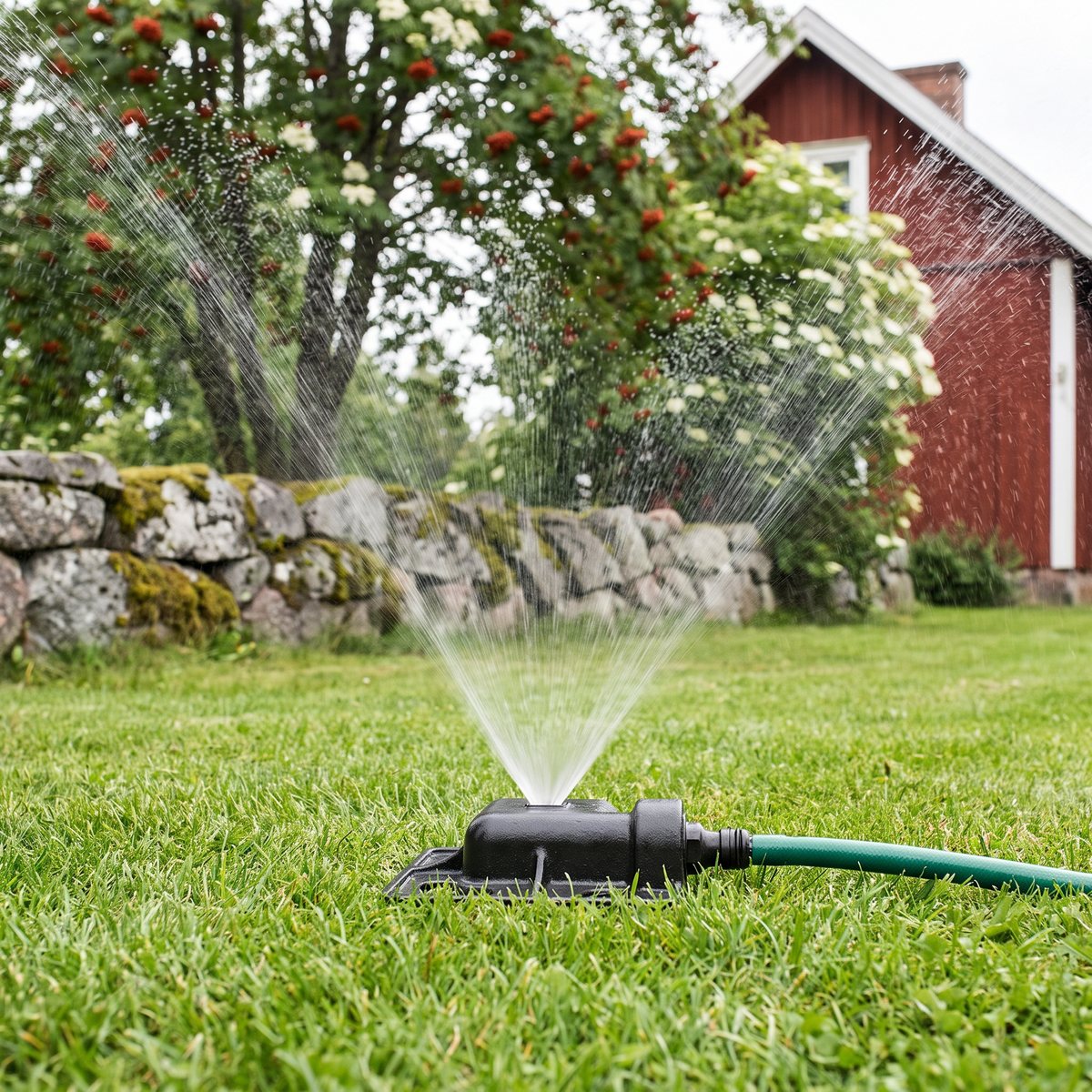 Fiskars cirkelspridare i svart metall som vattnar gräsmattan vid en stenmur och en rödmålad stuga i en svensk trädgård