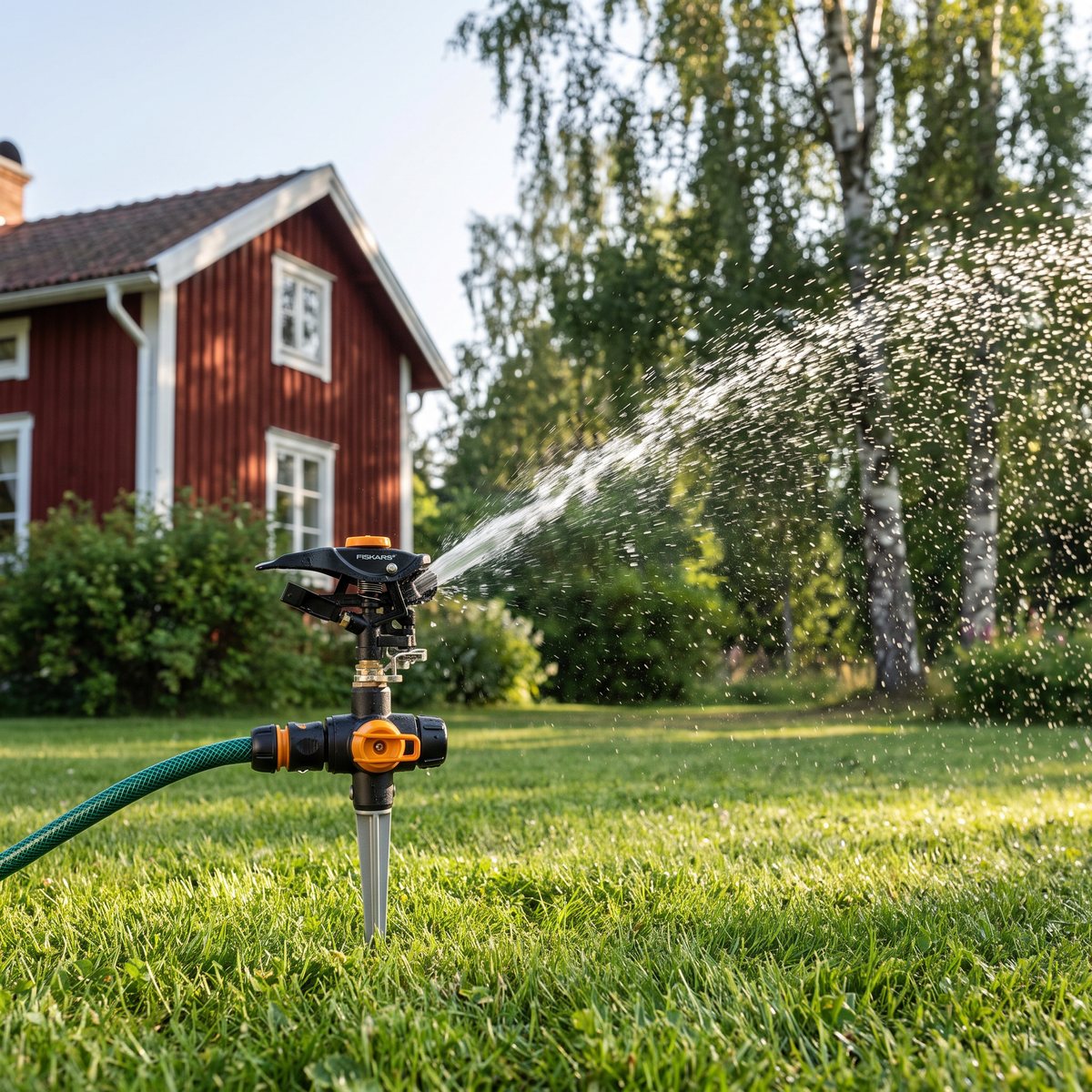 Fiskars impulsspridare på jordspik som vattnar en gräsmatta framför ett rött trähus i en svensk trädgård