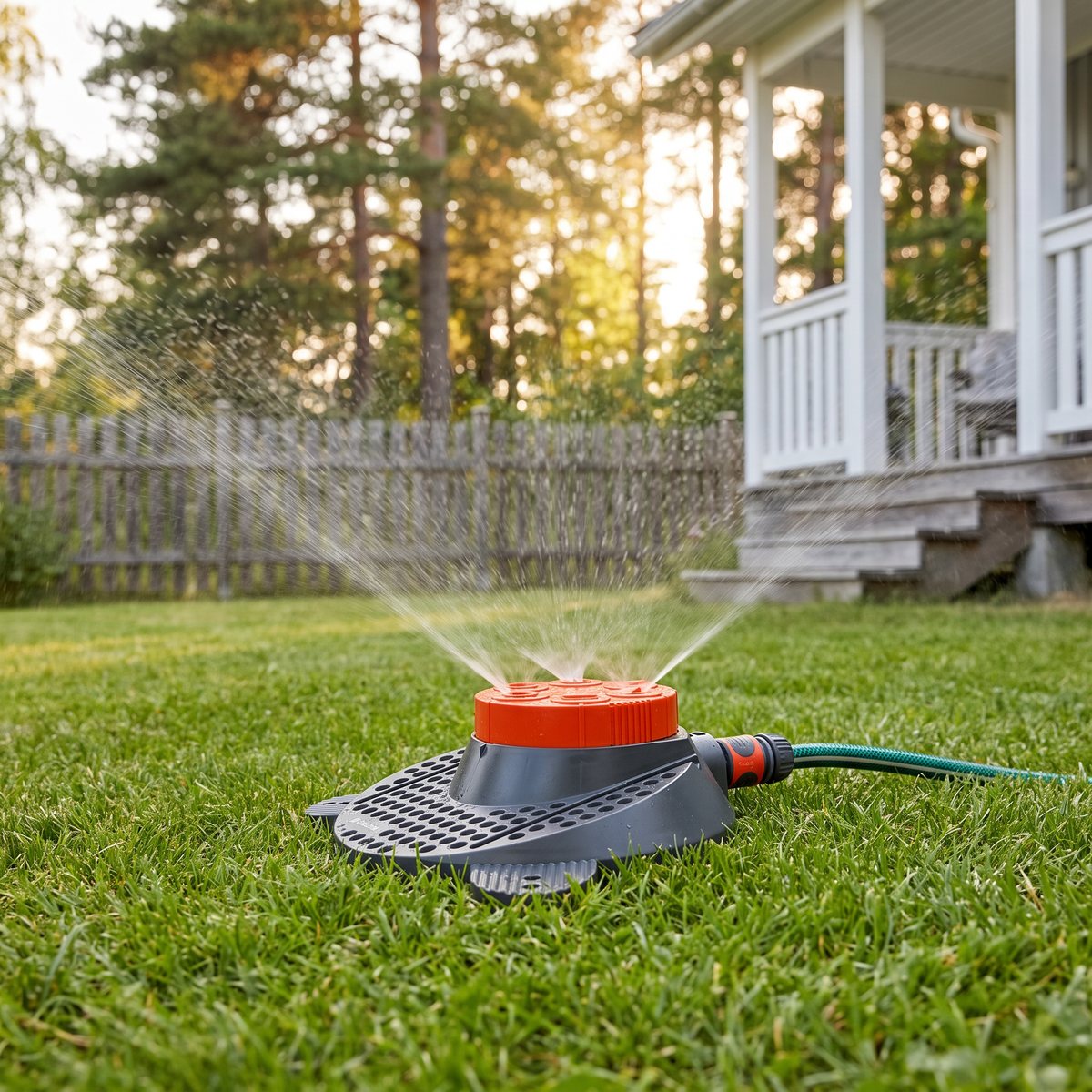 Gardena Classic Boogie-spridare som vattnar gräsmattan framför en vit veranda i en svensk trädgård