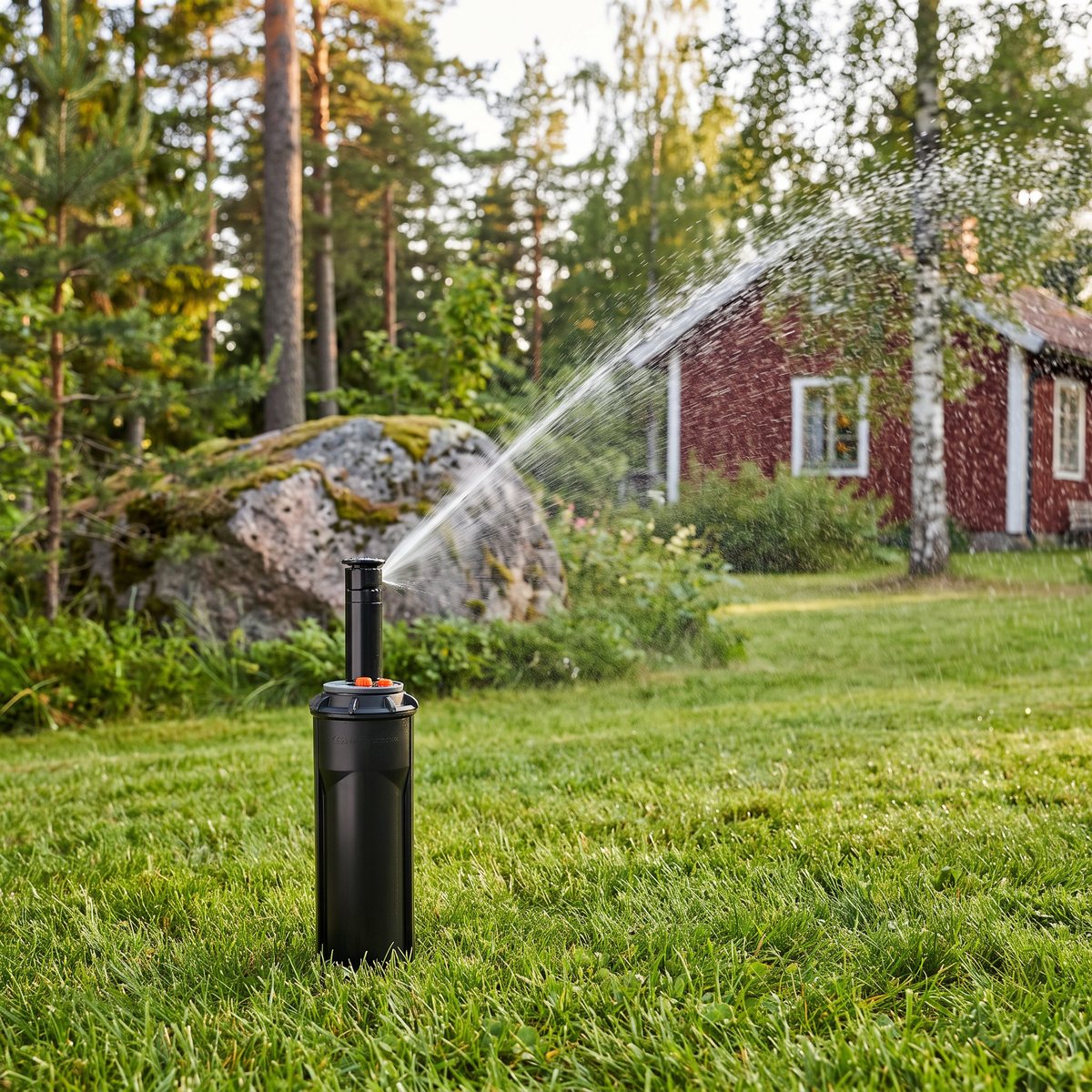 Gardena Pop-up Turbosprinkler T 380 uppfälld i en svensk gräsmatta med tallar, björk och granitblock