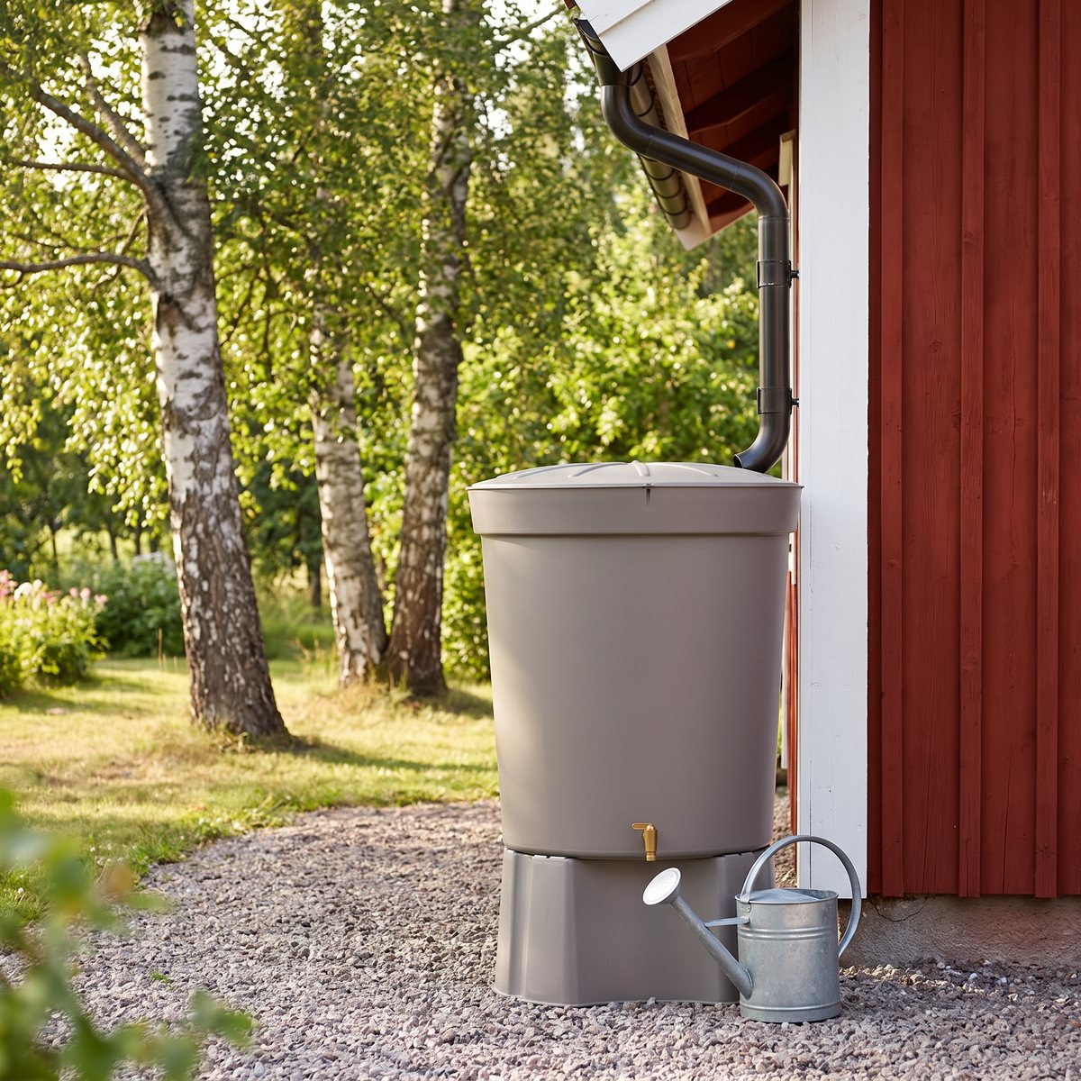 Flexigarden Vänern regntunna i taupe med mässingskran vid ett rött trähus i svensk trädgård