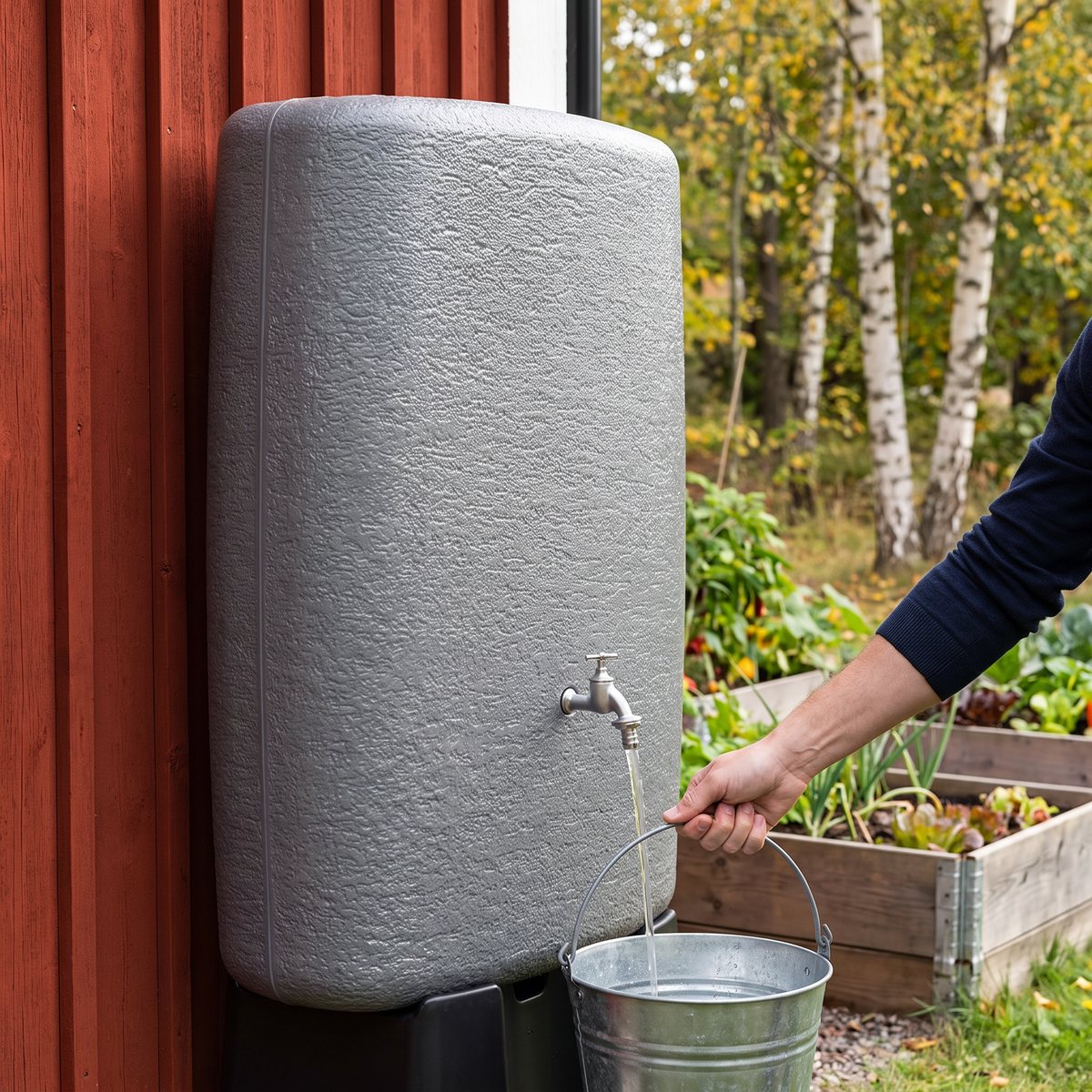 Flexigarden Vättern regntank i grått mot en vägg, hink fylls under kranen vid pallkragar