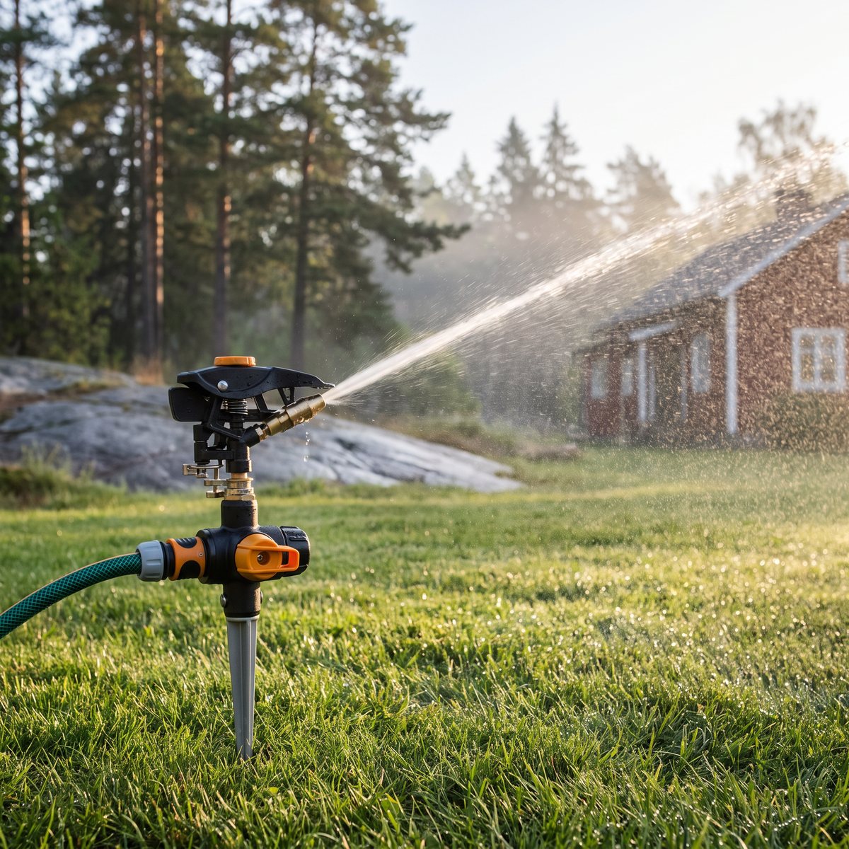 Fiskars impulsspridare på jordspik kastar en lång vattenstråle över en stor gräsmatta med tallar, granithäll och rött trähus