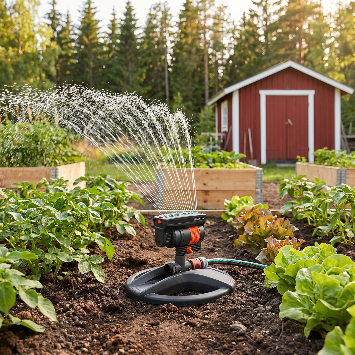 Gardena AquaZoom Compact på sin runda bas mellan potatisrader och sallad i en köksträdgård med rött förråd och granskog