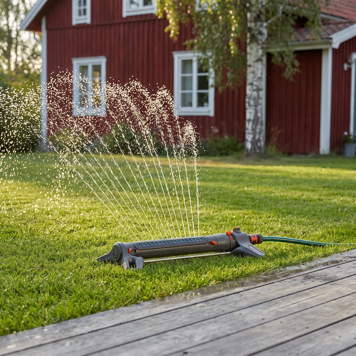 Gardena AquaZoom M vattnar en rektangulär gräsmatta vid en trädäck framför ett rött trähus med björk