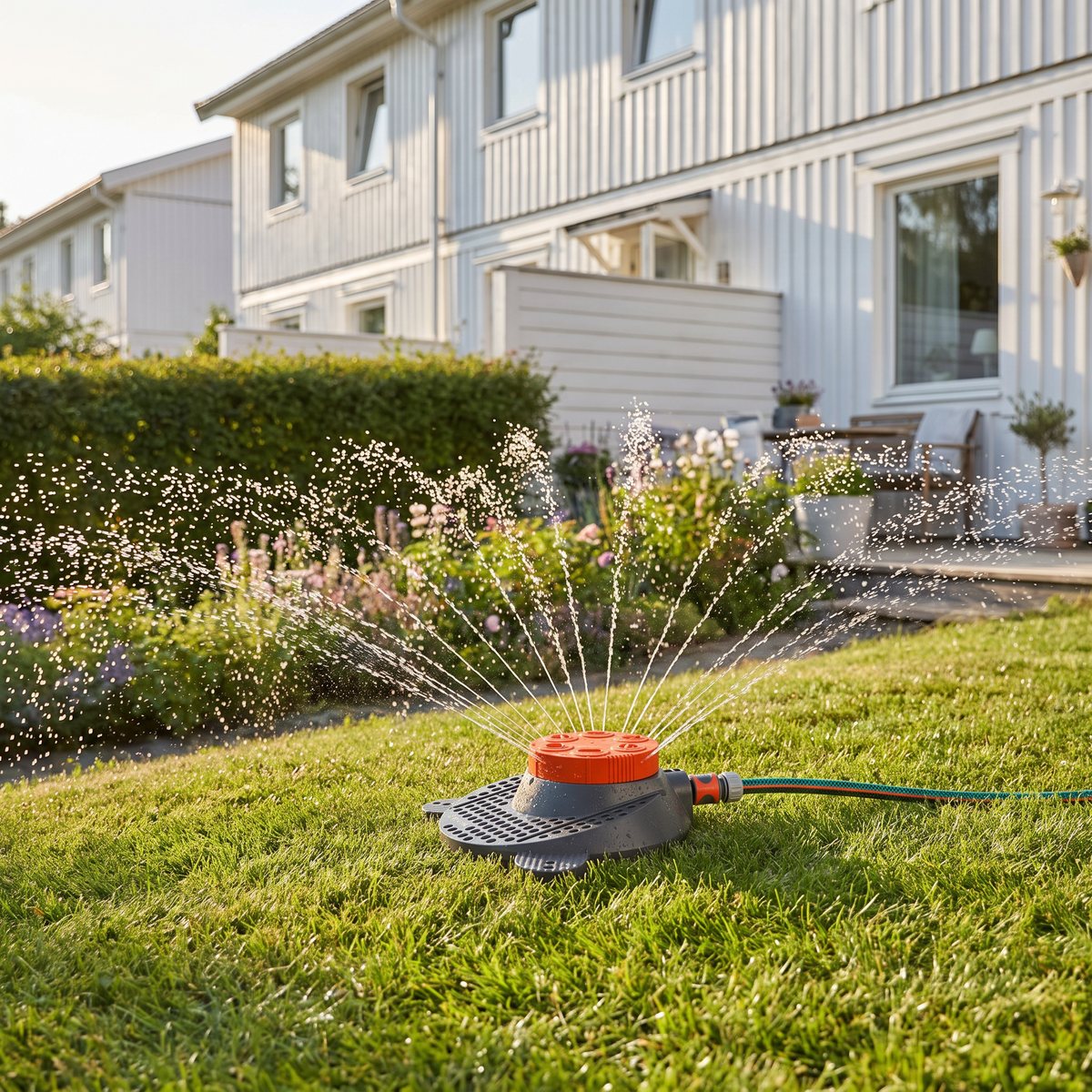 Gardena Classic Boogie vattnar en hel cirkel på en liten gräsmatta framför ett vitt radhus med uteplats