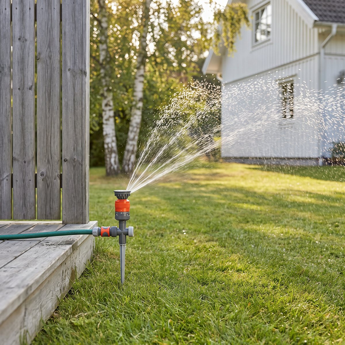 Gardena Comfort Vario Spike på spett i hörnet mellan staket och trädäck vattnar en sektor av gräsmattan