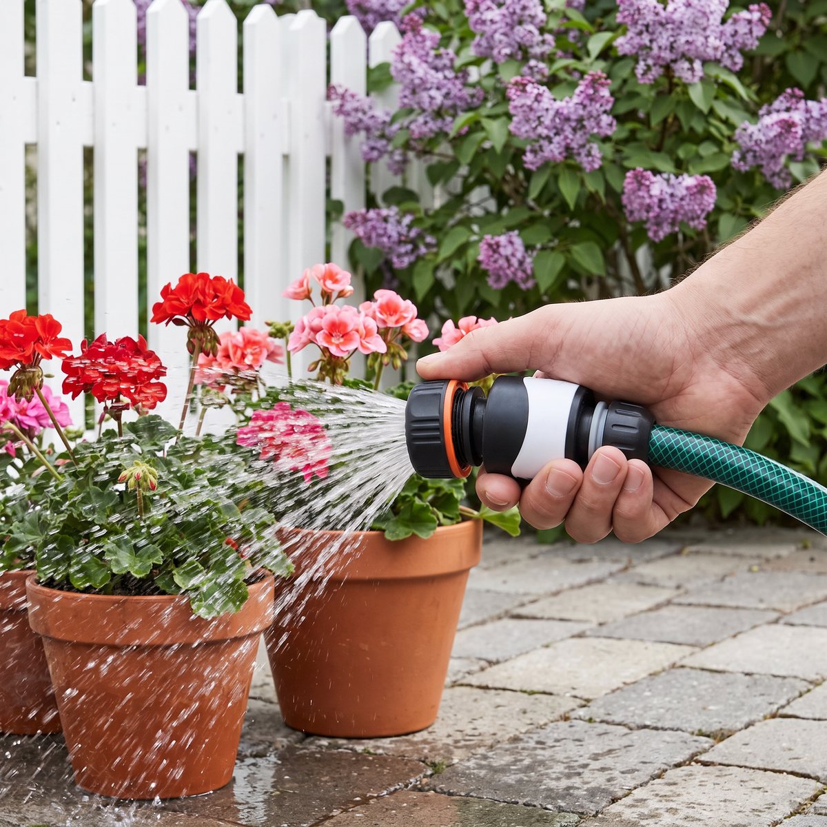 Green>it PLUS slangkoppling med stopp vid vattning av pelargoner på en svensk uteplats