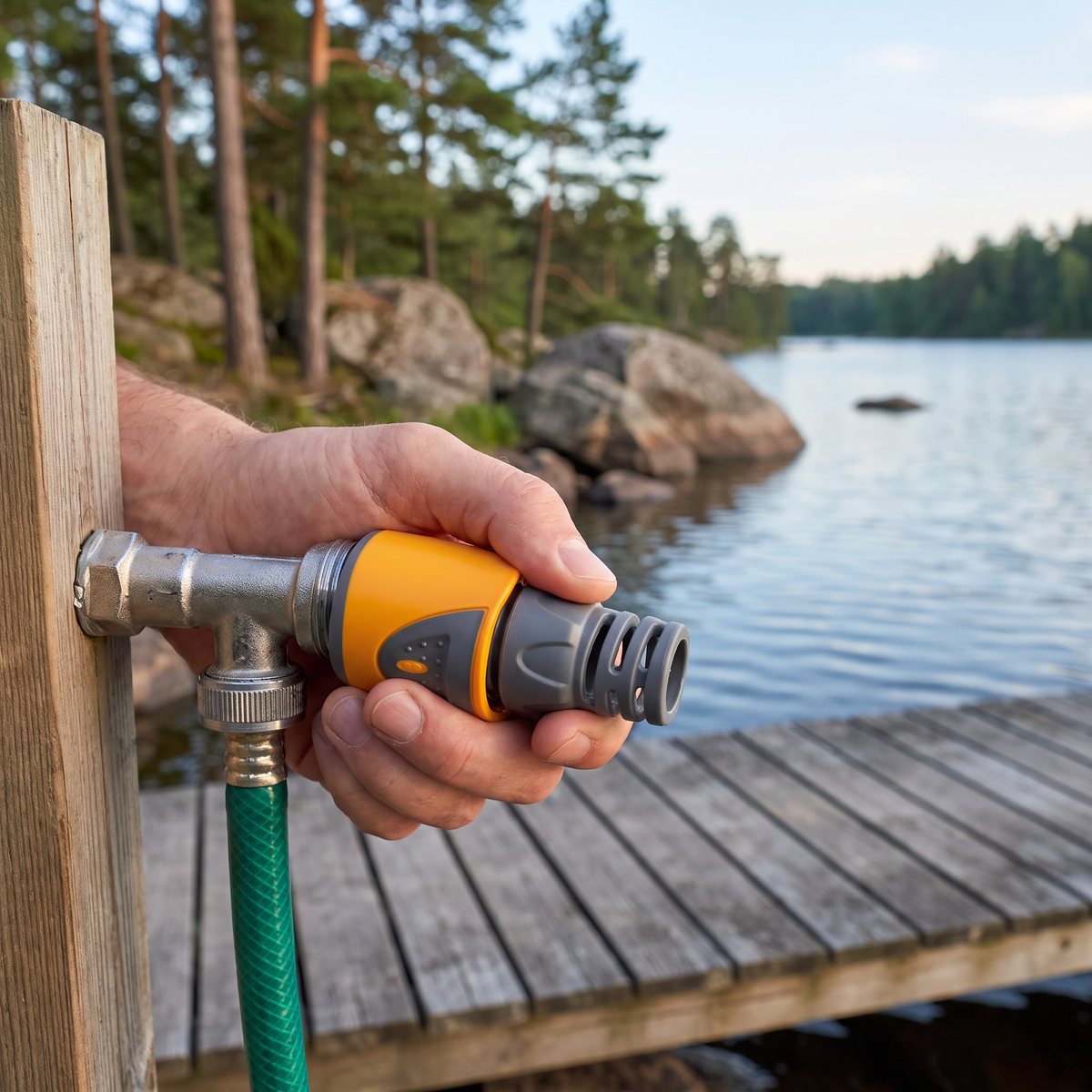 Hozelock snabbkoppling på slangänden vid en svensk sjötomt med brygga och tallar
