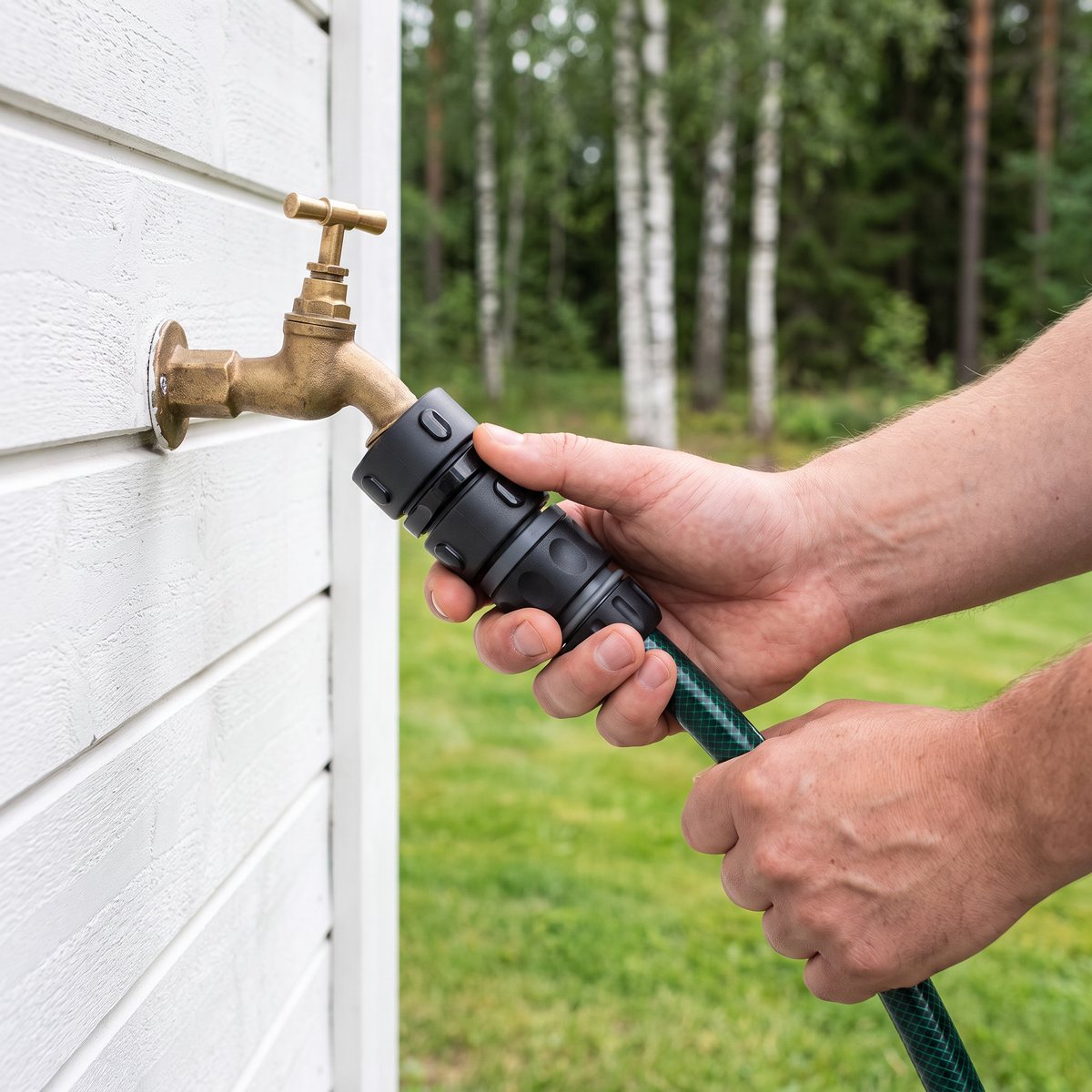 Fiskars FiberComp krananslutning i svart plast på en utekran vid en vit trävägg
