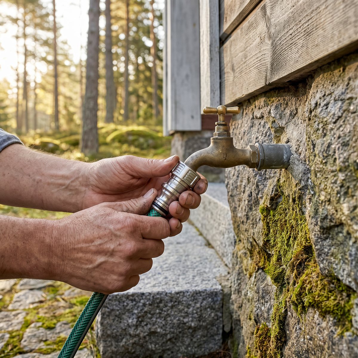 Gardena Premium krananslutning i metall på en trädgårdskran vid ett stengrundat hus med tallar