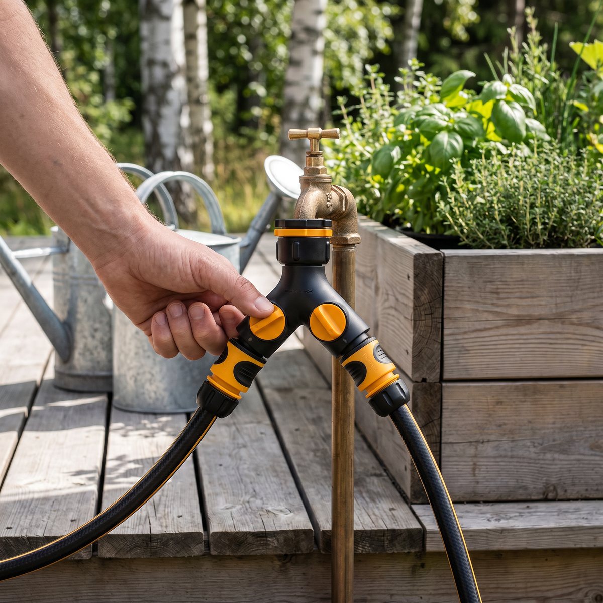 Fiskars tvåvägs krankoppling på en utomhuskran vid ett trädäck med odlingslåda och vattenkannor, en hand på ett gult reglage