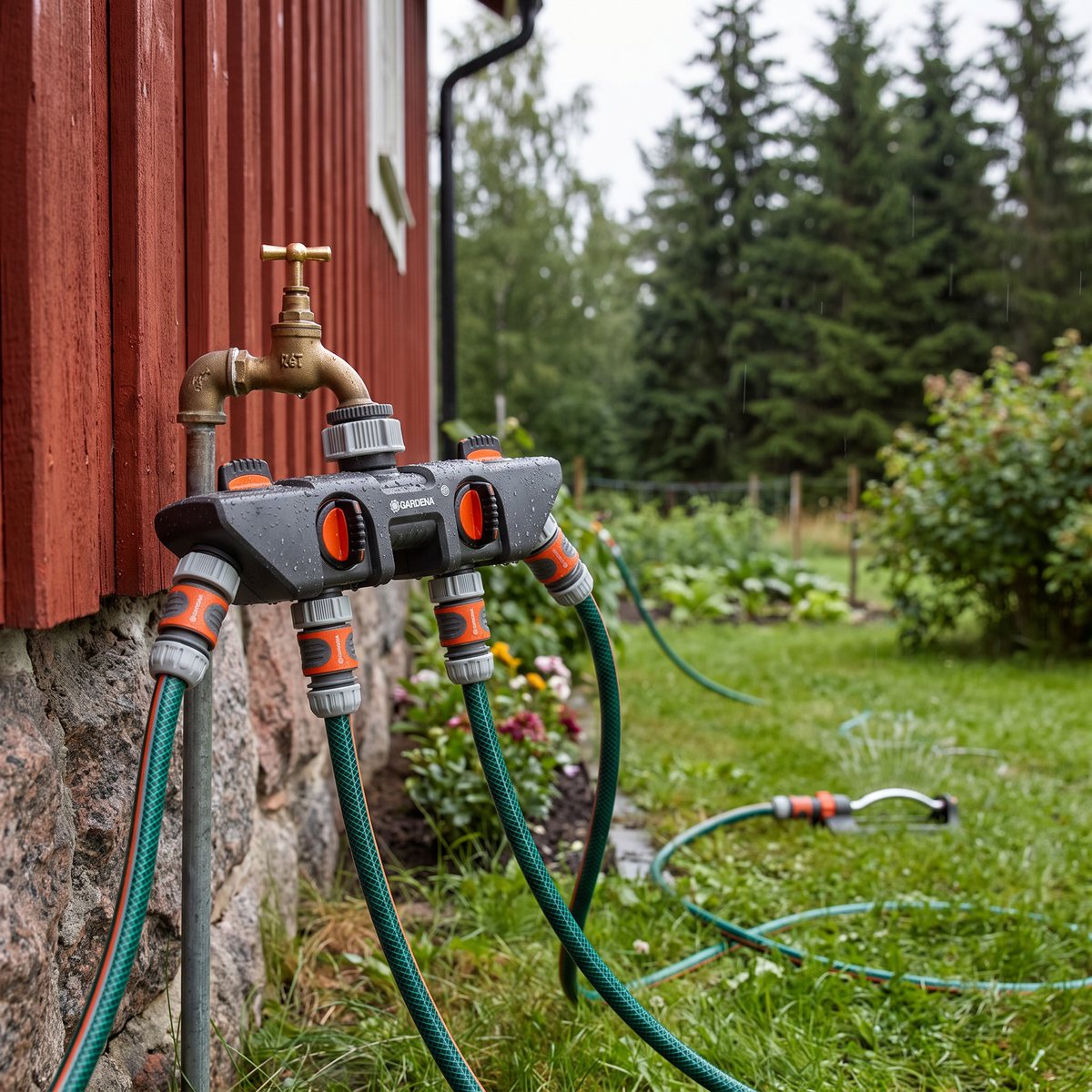 Gardena vattenfördelare med fyra uttag på en kran vid en granitsockel, fyra slangar leder ut i trädgården