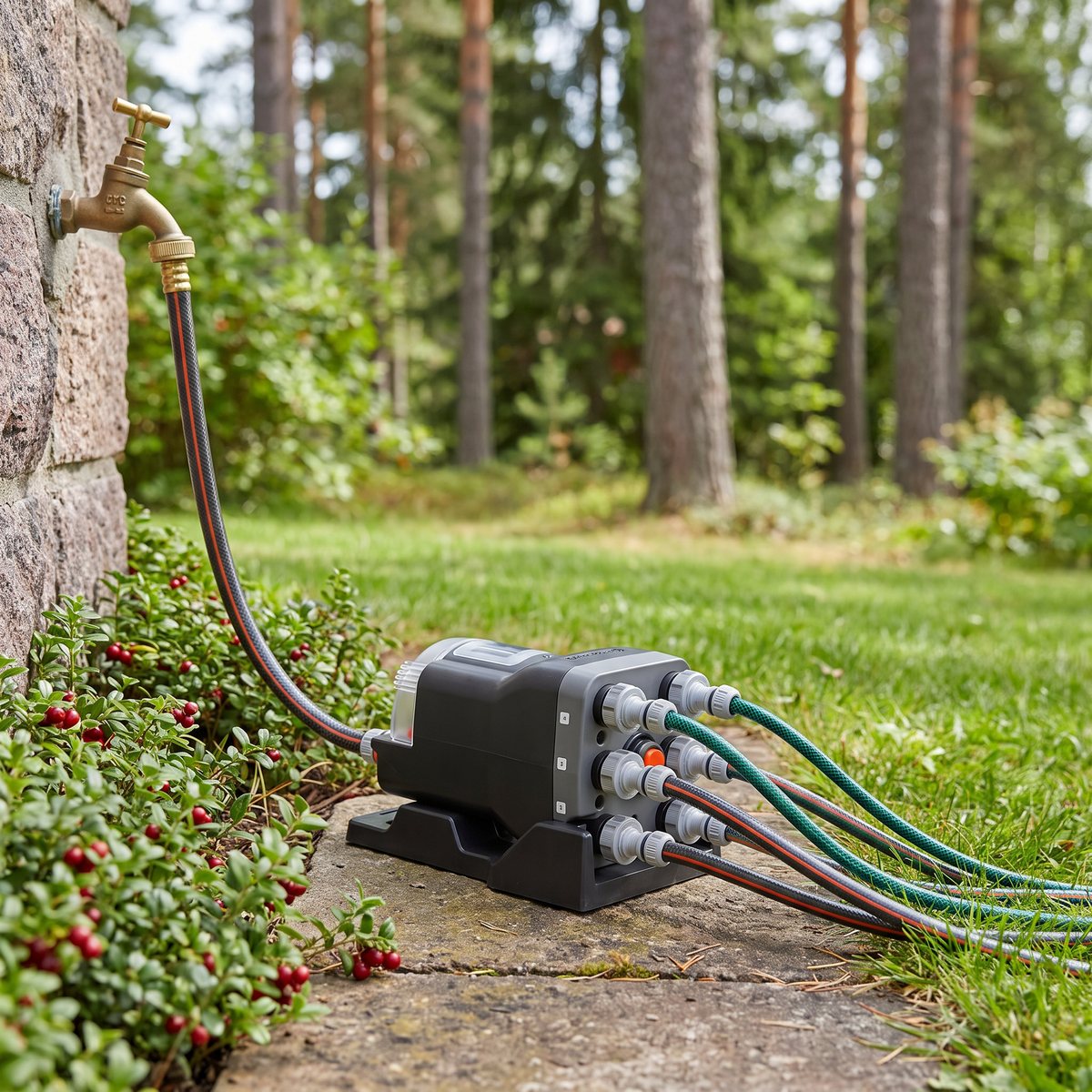 Gardena Automatic vattenfördelare med sex uttag på en stenplatta vid kranen i en svensk trädgård, slangar leder ut mellan lingonris