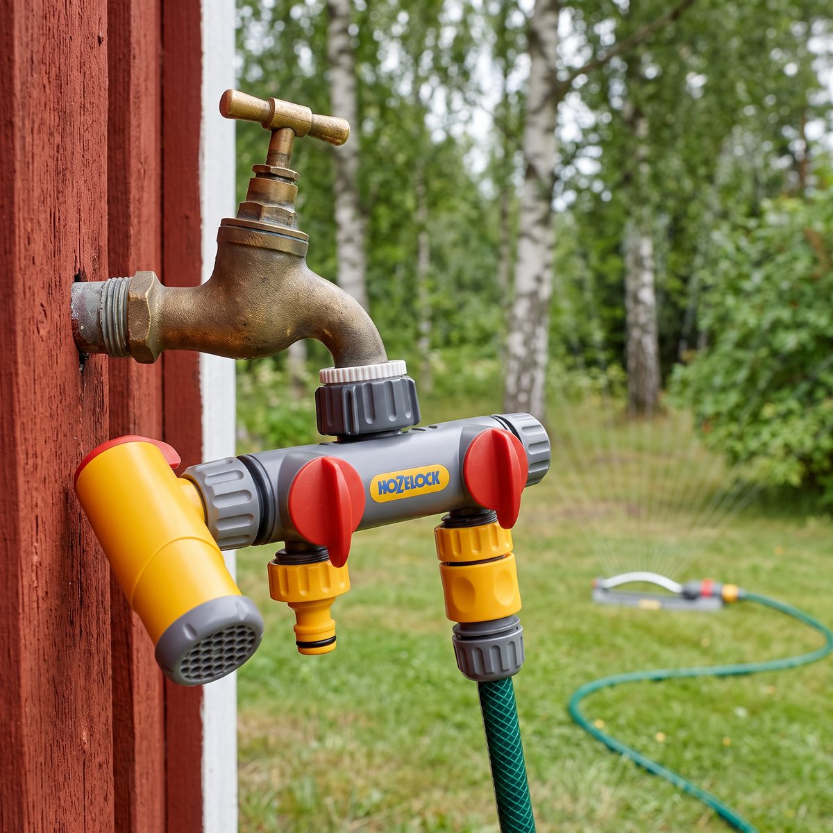 Hozelock Flowmax trevägs krankoppling fastskruvad på en utomhuskran på en röd trävägg, en slang leder till en gräsmattesprinkler