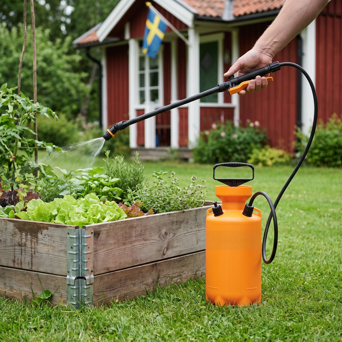 Fiskars Tryckspruta 5 l bredvid en pallkrage med sallad och kryddor i en svensk kolonilott