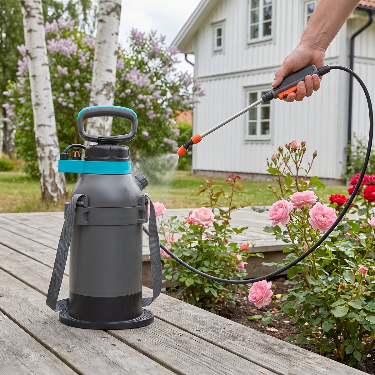 Gardena Plus 5 l på ett trädäck bland rosor i en svensk trädgård med vitt trähus