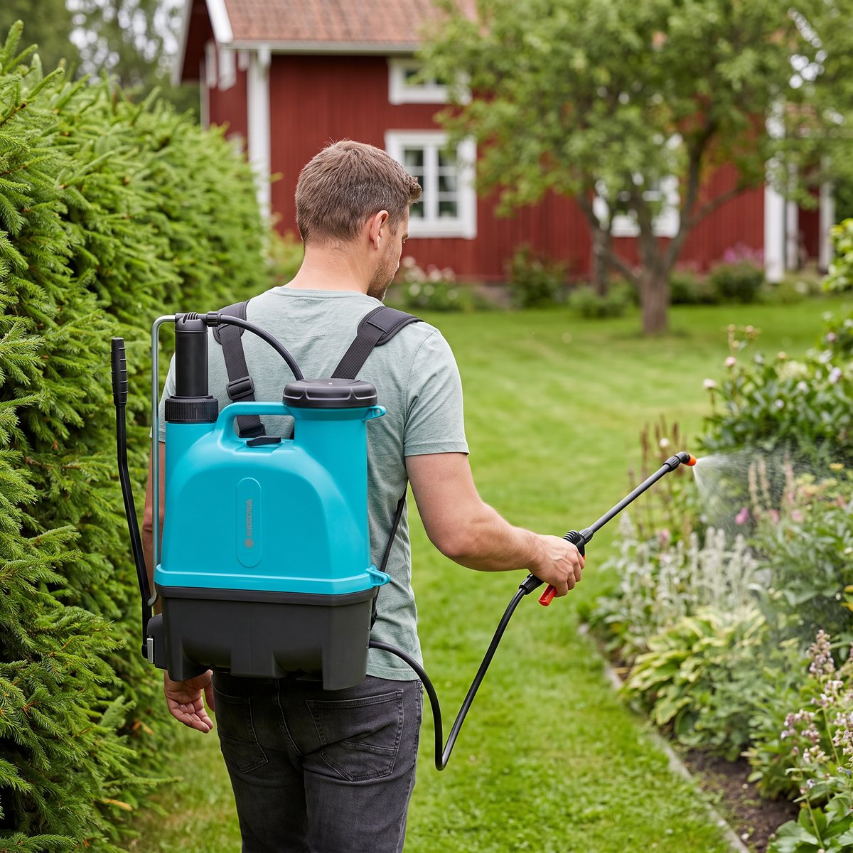 Gardena Ryggspruta 12 l buren på ryggen vid en granhäck i en svensk trädgård