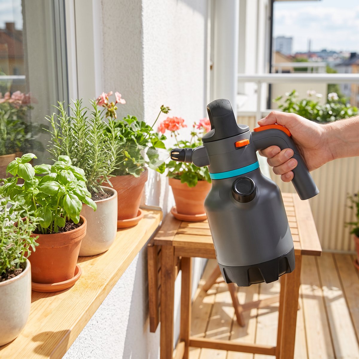 Gardena Tryckspruta 1,25 l som sprutar kryddor och krukväxter på en svensk balkong